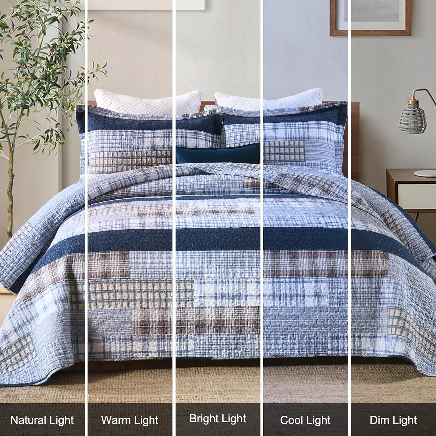 PANGUSHAN Quilt Set King Size, 100% Cotton Quilt Bedding Set Bedspreads, Patchwork Plaid Farmhouse Reversible Lightweight Comforter Bed Spread for King Bed, Blue, 3 Pieces
