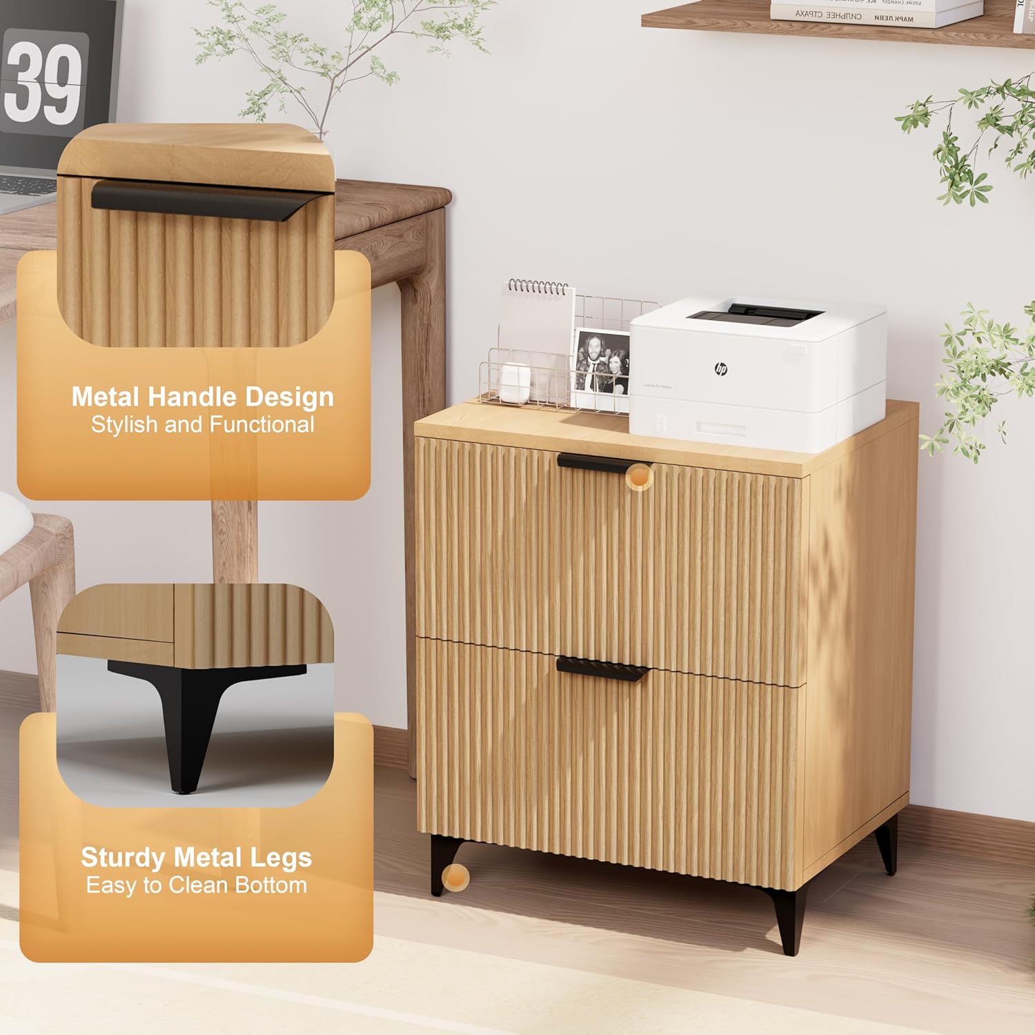Royal Windsor Small Night Stand Set of 2, Fluted Nightstand with 2 Drawers, Side End Table with Storage, Modern Night Stand Bedside Table for Small Indoor Rooms, Natural Oak