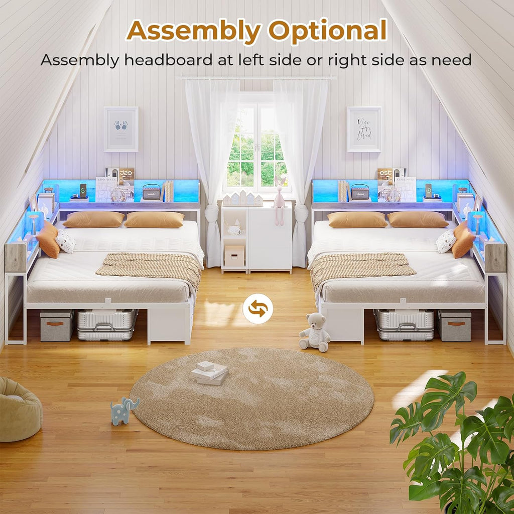 MSmask 14 Inch Corner Bed Frame with Bookcase Storage, Full Daybed with 6 Drawers, Charging Station and LED Light, Full Size Metal Platform Bed Frame for Kids Teenagers, White & Oak Grey