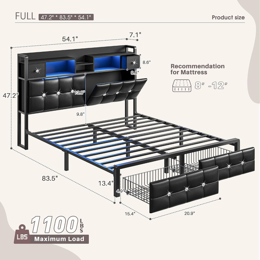 Homkdom Full Size Bed Frame with Hidden Storage Headboard & 4 Drawers,Diamond-Tufted Upholstered Leather Bed Frame Full with LED Lights & Charging Station,No Box Spring Needed,Modern Black
