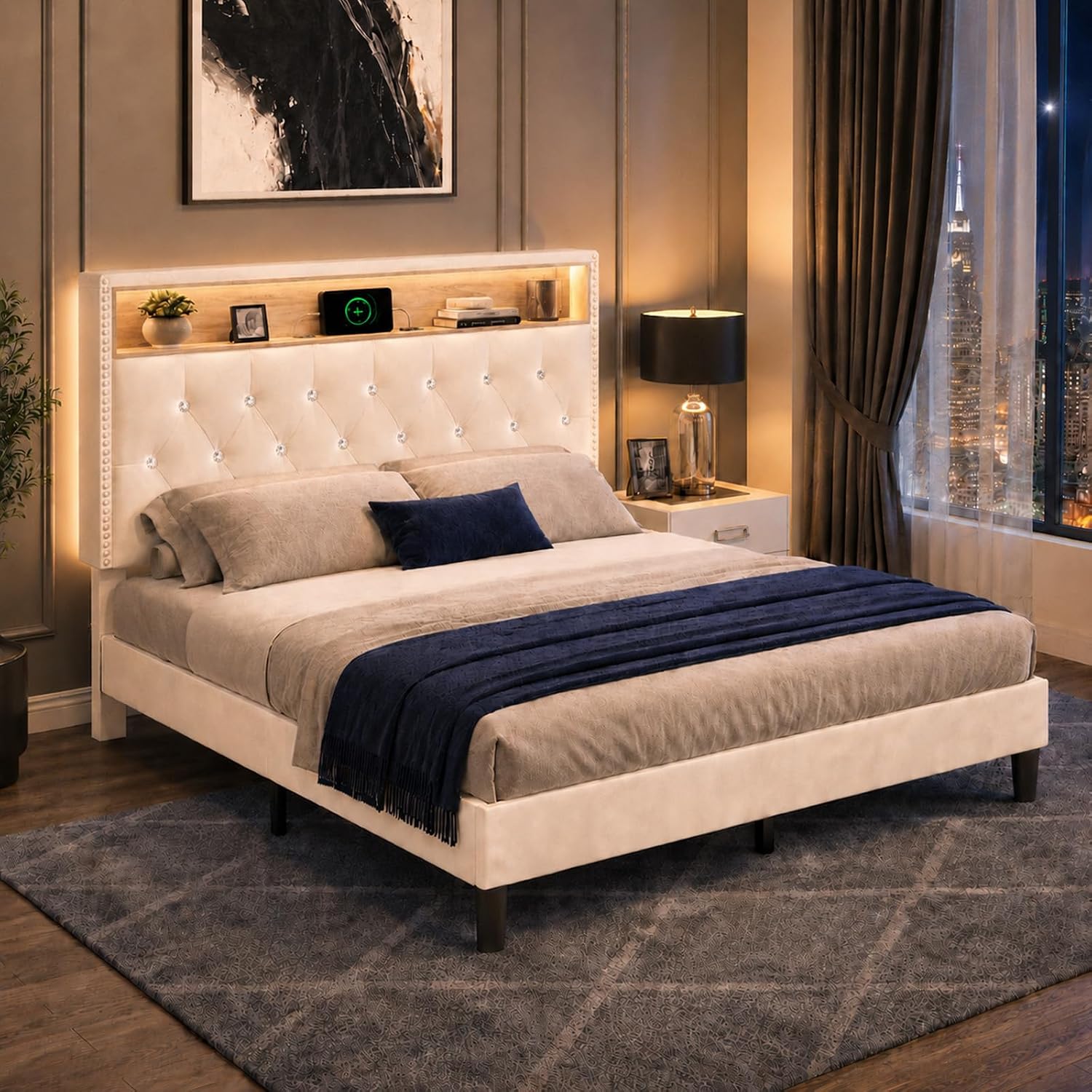 HOMBCK Full Size Bed Frame with LED Lights, Velvet Upholstered Bed Frame Full with Charging Station and Storage Headboard, Modern Diamond and Rivet Design, No Box Spring Needed, Easy Assembly, Beige