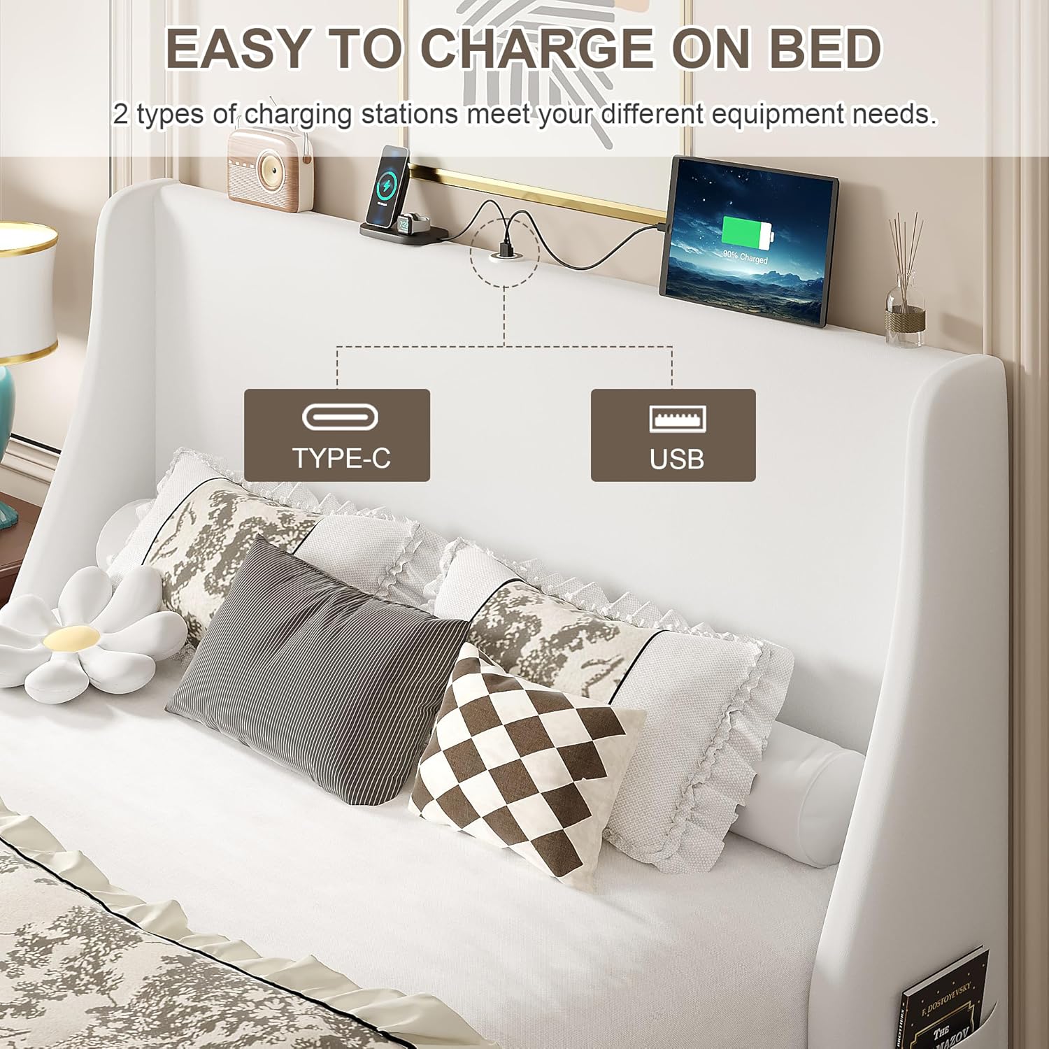 VECELO Queen Bed Frame with Upholstered Wingback Headboard, Heavy-Duty Platform Bedframe with Charging Station, Wooden Slats, No Box Spring Needed, White