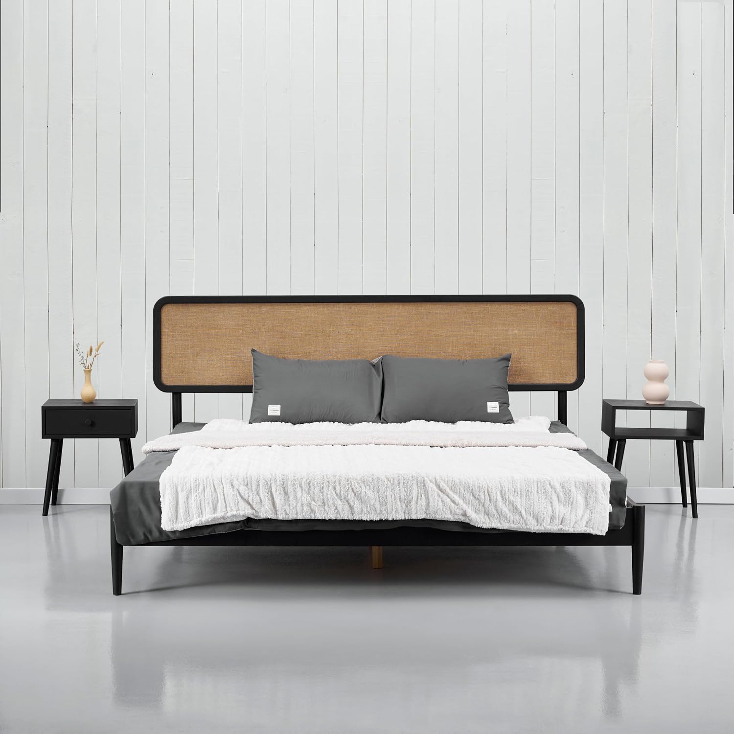 NTC Lupin Wooden Bed Frame with Headboard, Solid Oak and Rubber Wood Foundation with Silent Slats and Wood Central Supports, 1000 Lb Capacity, Effortless Assembly, Queen - Burnt Black