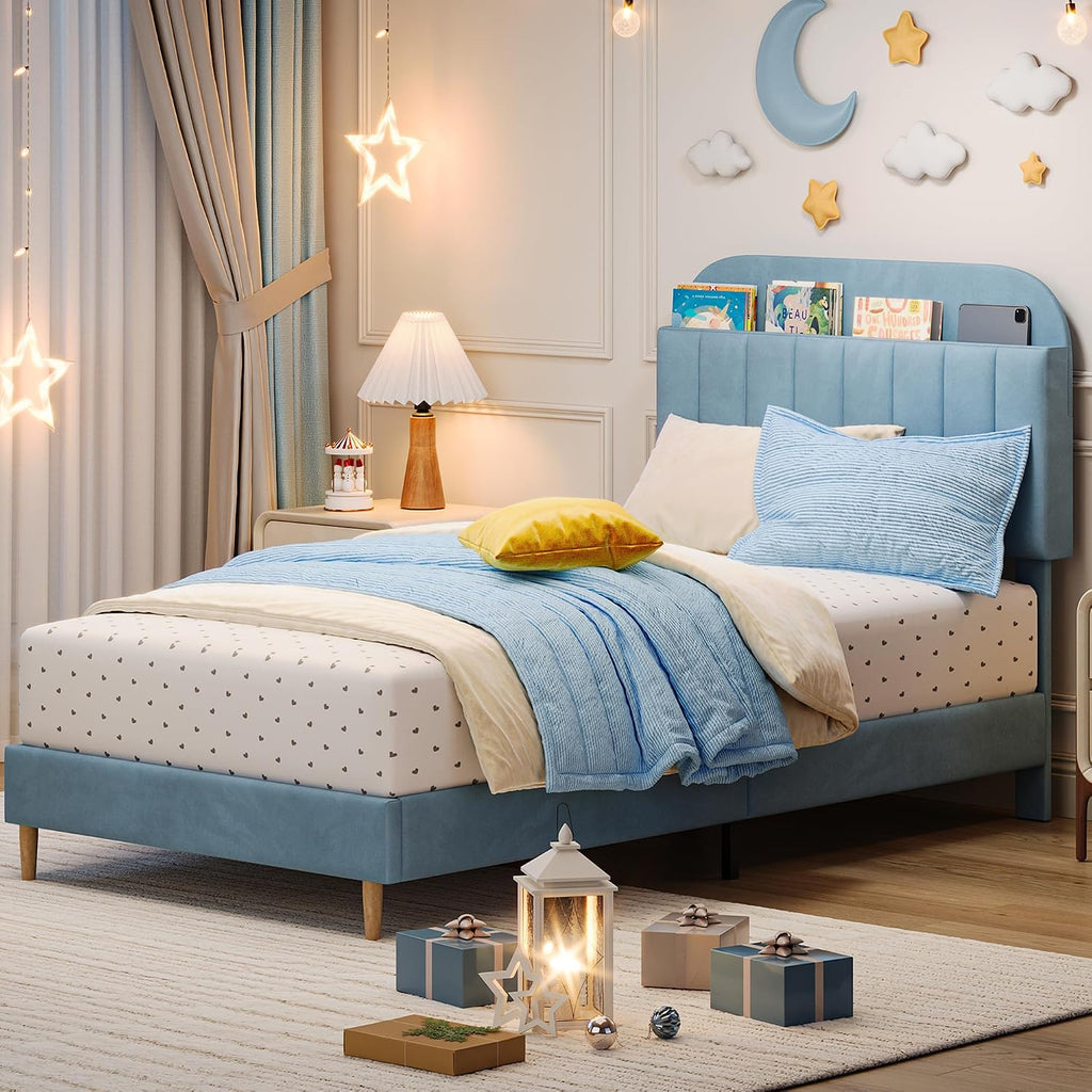 IDEALHOUSE Twin XL Bed Frames, Upholstered Platform Bed Frame with Bookcase Headboard, Velvet Platform Bed Mattress Foundation, Heavy Duty Steel Support Legs, Easy Assembly, Noise Free, Blue