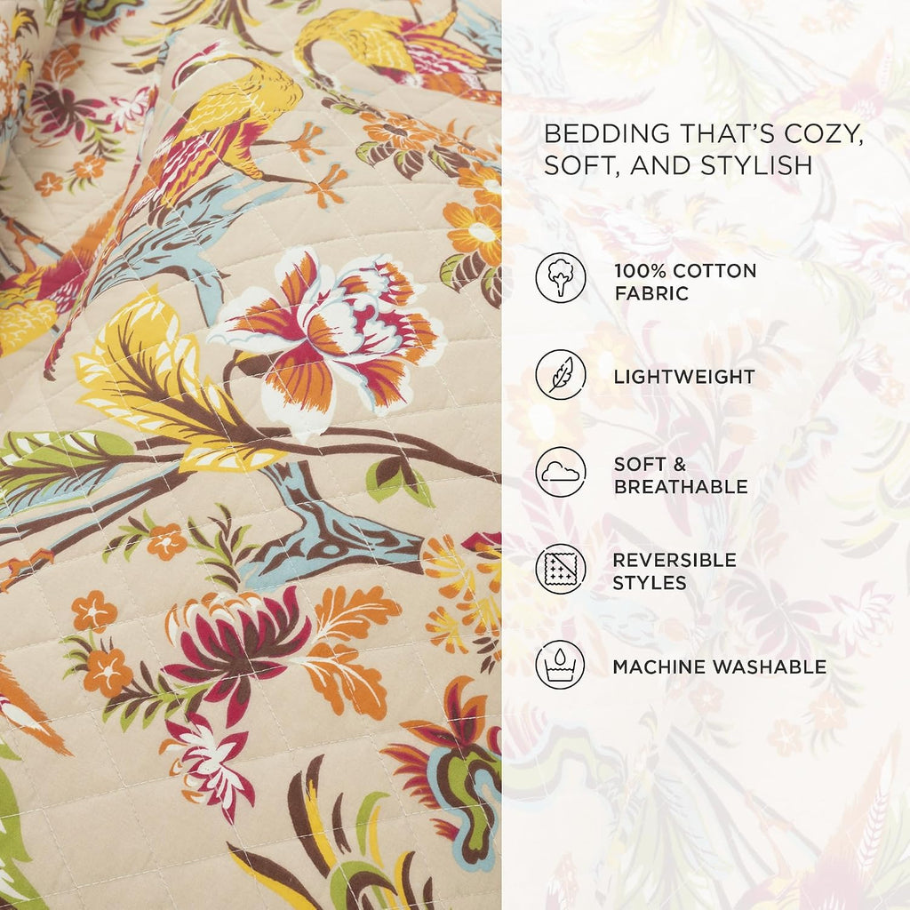 Lush Decor Dolores Reversible Cotton Quilt King Size 3 Piece Set Neutral & Multi - Tropical Bedding Set King - Floral Quilt - Cottage Bedroom Decor