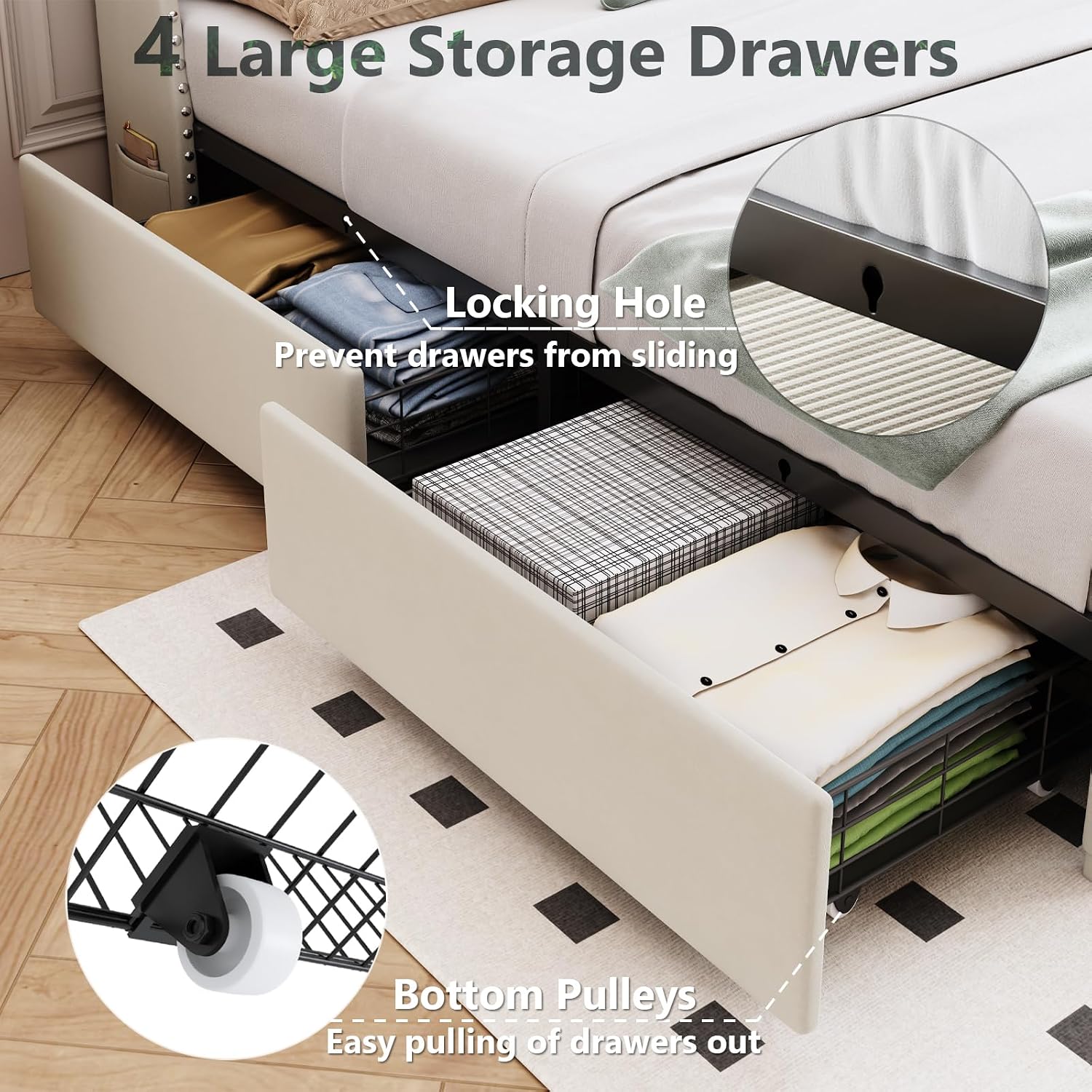 TIGUBFRE Full Size Bed Frame with 4 Drawers and Storage Headboard, Upholstered Tufted Wingback Bed Frame with LED Lights and Charging Station, No Box Spring Needed, Easy Assembly, Noise Free, Beige