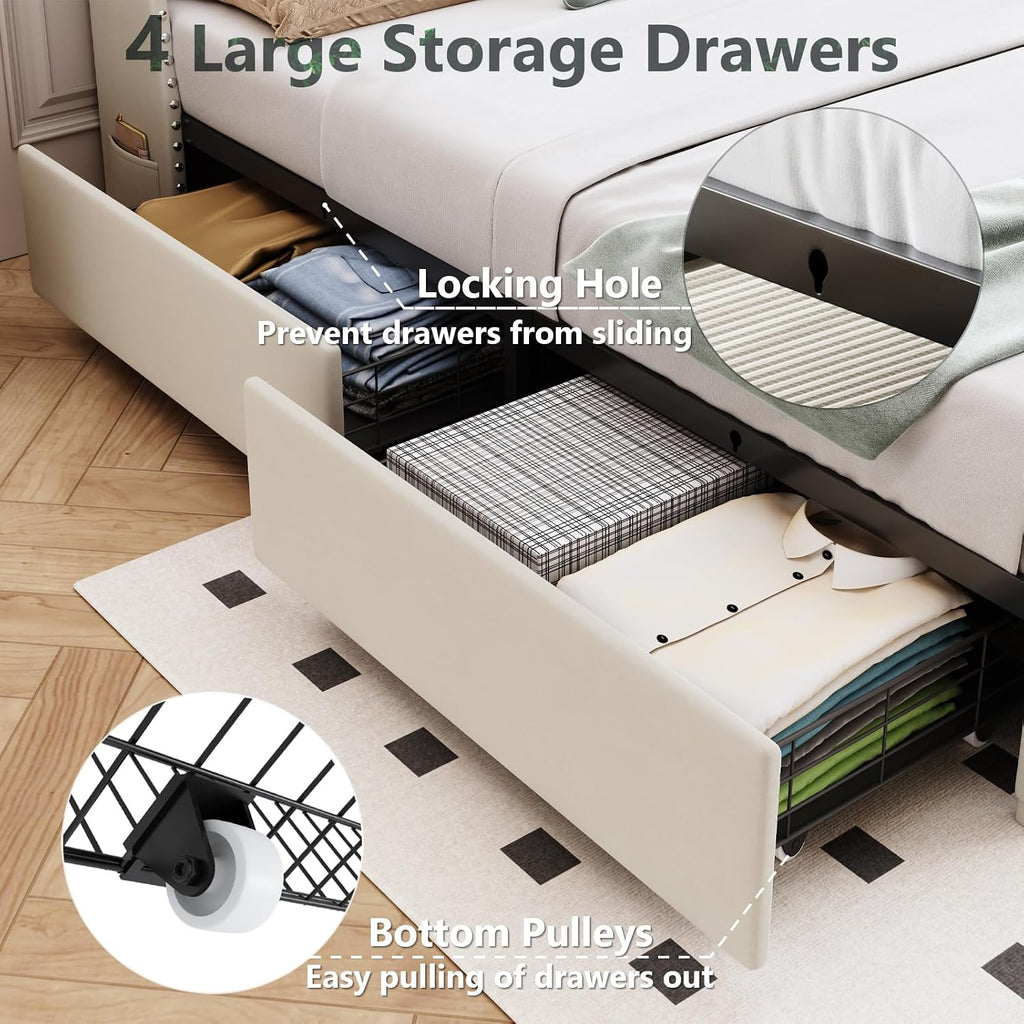 Queen Size Bed Frame with 4 Drawers and Storage Headboard, Upholstered Button Tufted Platform Bed Queen with Led Lights and Charging Station, No Box Spring Needed, Easy Assembly, Noise Free, Beige
