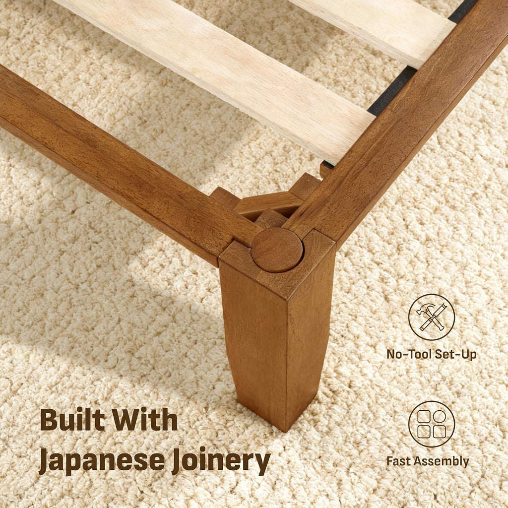 Softa Mikor Queen Japanese Joinery Bed Frame with Headboard, Solid Rubberwood Platform Bed, 1500 Lbs Heavy Duty, SGS Certified, 15Min No-Tool Setup, Storage Shelf, USB-A/C Port, No Box Spring Needed