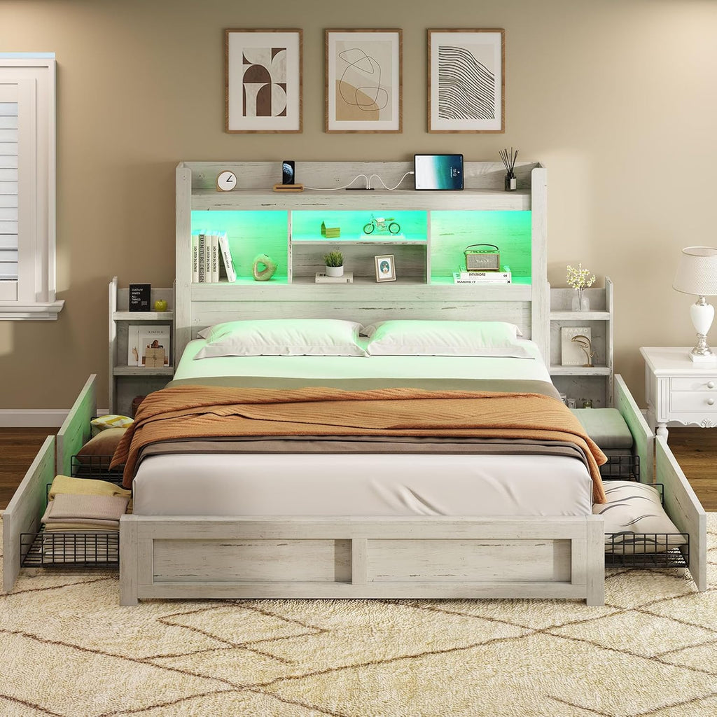 AMERLIFE Full Bed Frame with 4 Storage Drawers, LED Bed Frame with 49.6' Tall Bookcase Headboard, Wood Platform Bed with Charging Station & 2 Slide Bedside Shelf, No Box Spring Needed/Distressed White