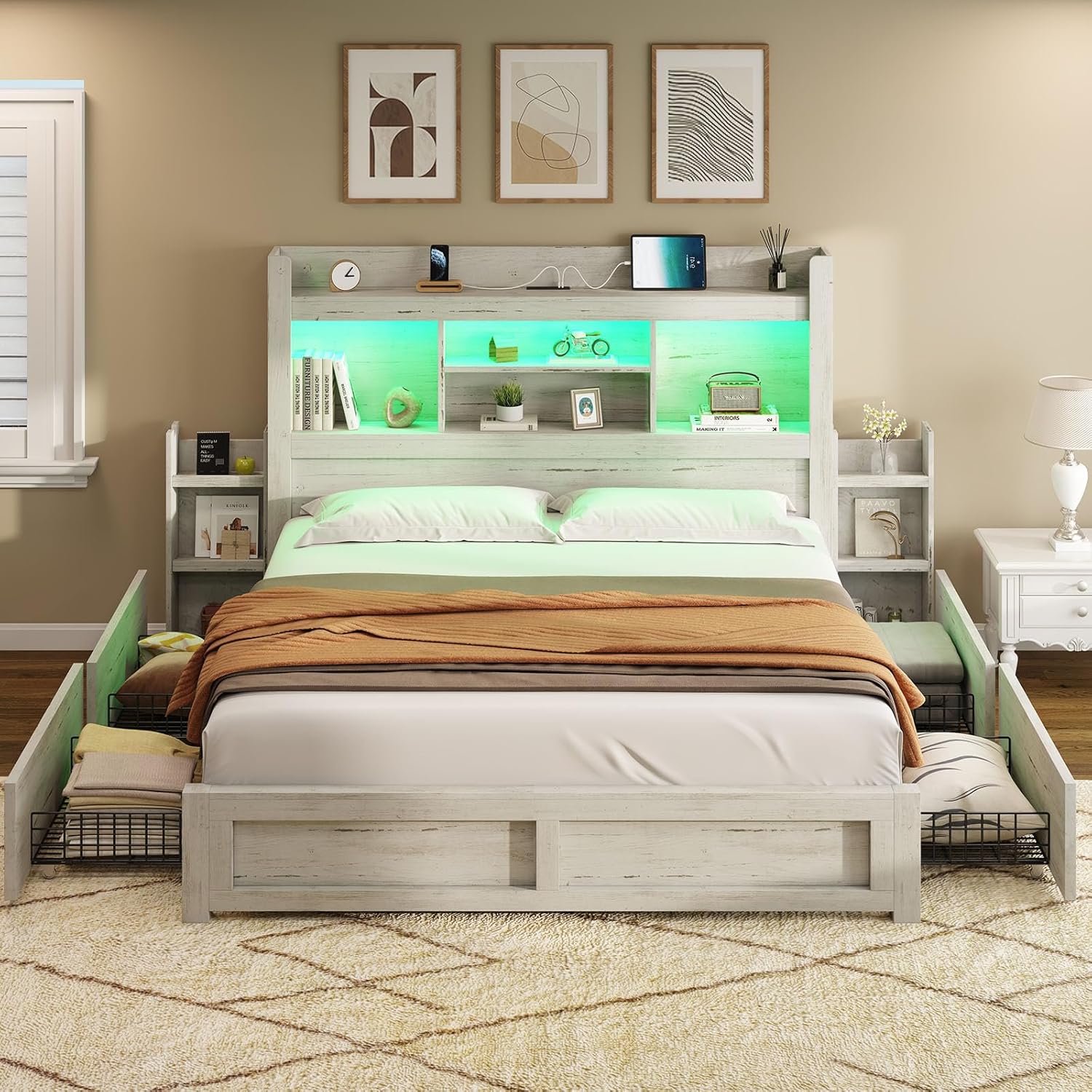 AMERLIFE Full Bed Frame with 4 Storage Drawers, LED Bed Frame with 49.6' Tall Bookcase Headboard, Wood Platform Bed with Charging Station & 2 Slide Bedside Shelf, No Box Spring Needed/Distressed White