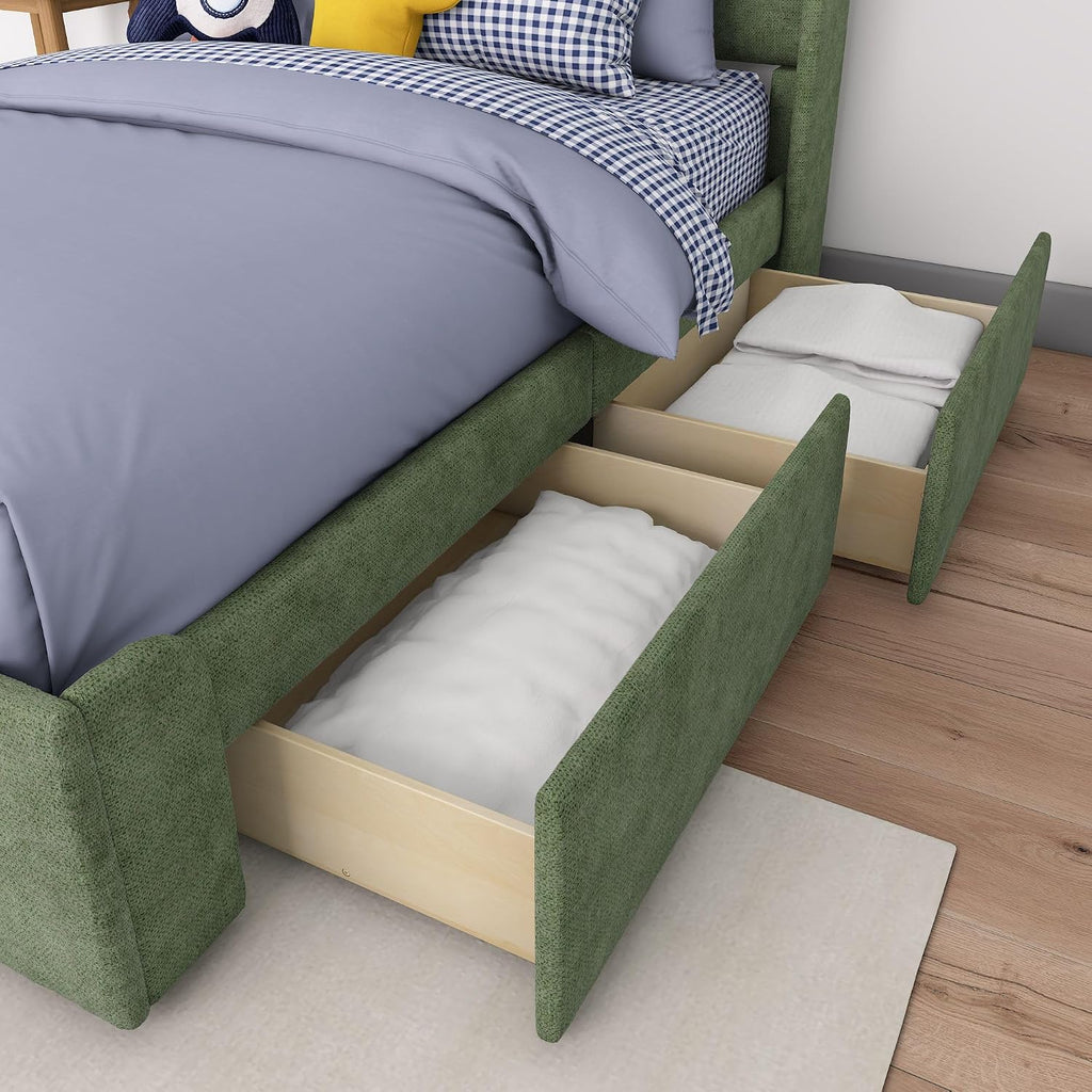 Max & Lily Upholstered Full Bed Frame with Rectangular Headboard and Two Storage Drawers, Upholstered Platform Bed for Kids, No Box Spring Needed, Easy Assembly, Green
