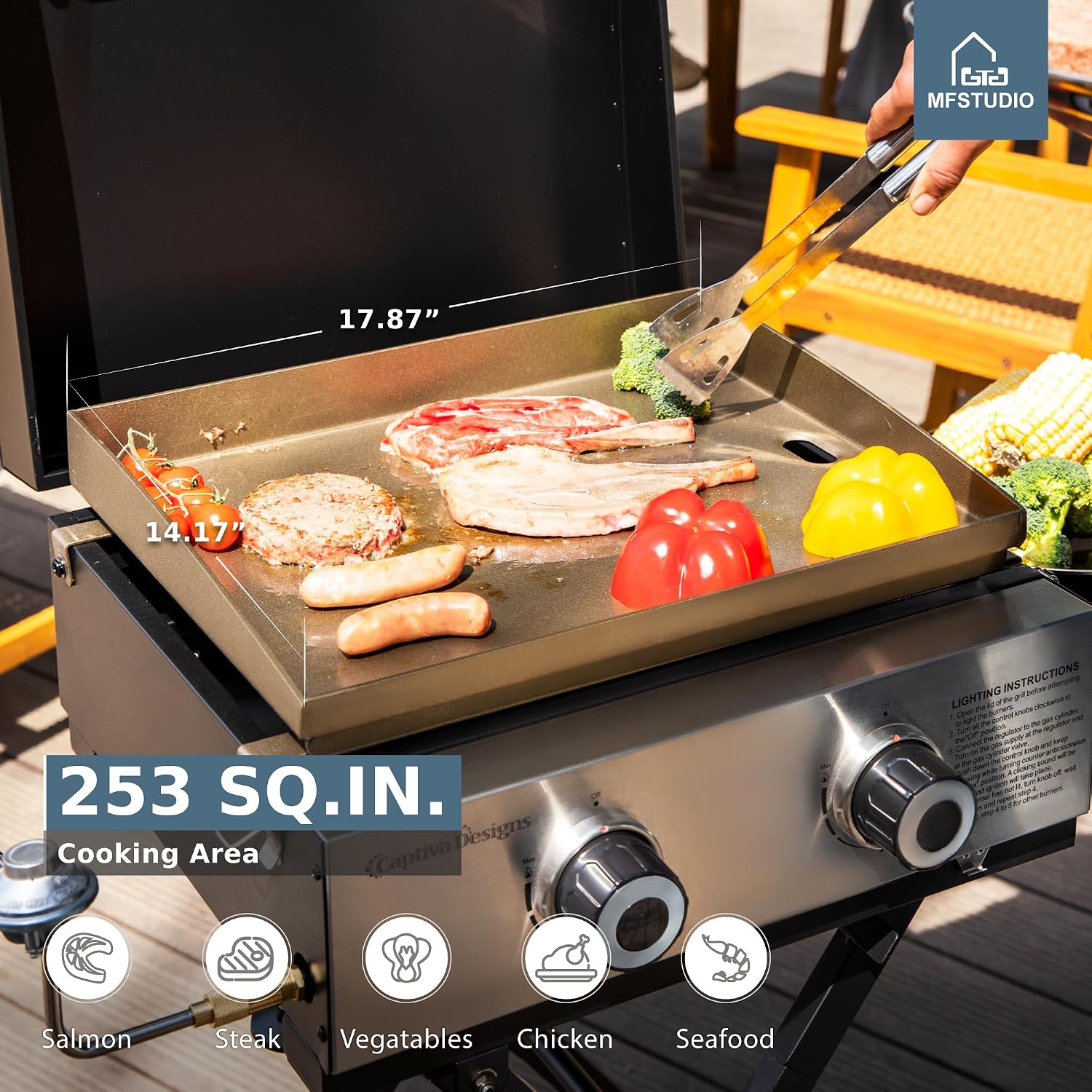 MFSTUDIO Small Portable Propane Griddle, 2 In 1 Gas BBQ Travel Grill with Foldable Stand, Compact and Light Countertop Grills with 2 Burners and Side Table, for Outdoor Cooking, Camping and Roadtrip