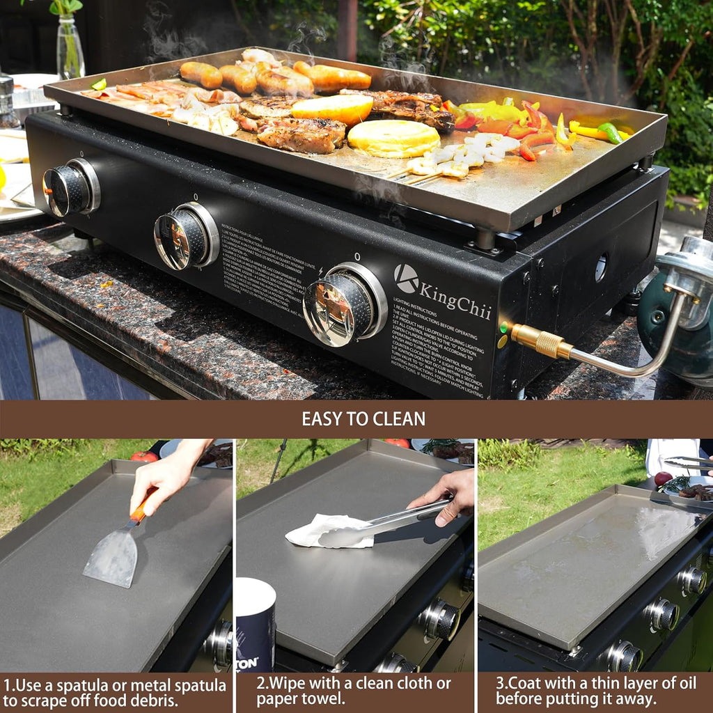 KingChii 28' Tabletop 3-Burner Griddle Portable Gas Grill with Rear Grease Trap, Powder Coated Steel, Black
