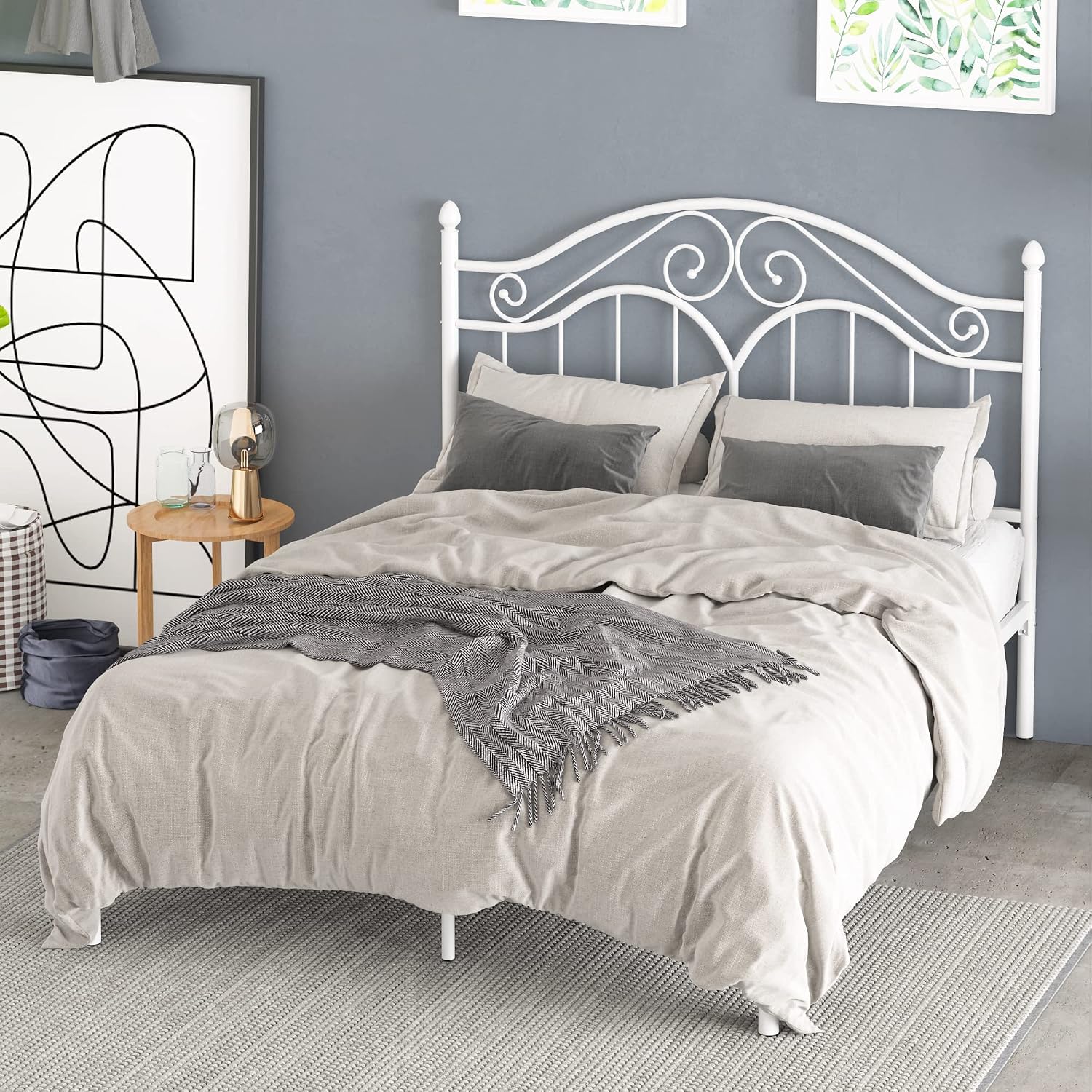 Elephance Full Size Metal Bed Frame with Vintage Headboard,11 Inches Storage Space Platform Bed No Box Spring Needed Easy Assembly,White
