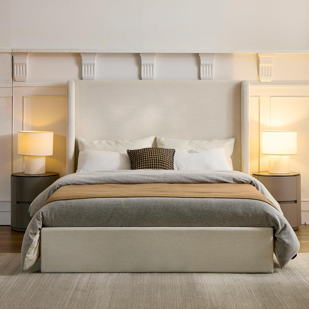 Full Size Upholstered Platform Bed Frame, 53.5' High Headboard Carmen Wingback Beds, Tall Headboard King Floor Bed Frames, No Box Spring Needed No Noise, Minimalist, Textured Ivory