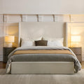 King Size Upholstered Platform Bed Frame, 52.3' High Headboard Carmen Wingback Beds, Tall Headboard King Floor Bed Frames, No Box Spring Needed No Noise, Minimalist, Textured Ivory