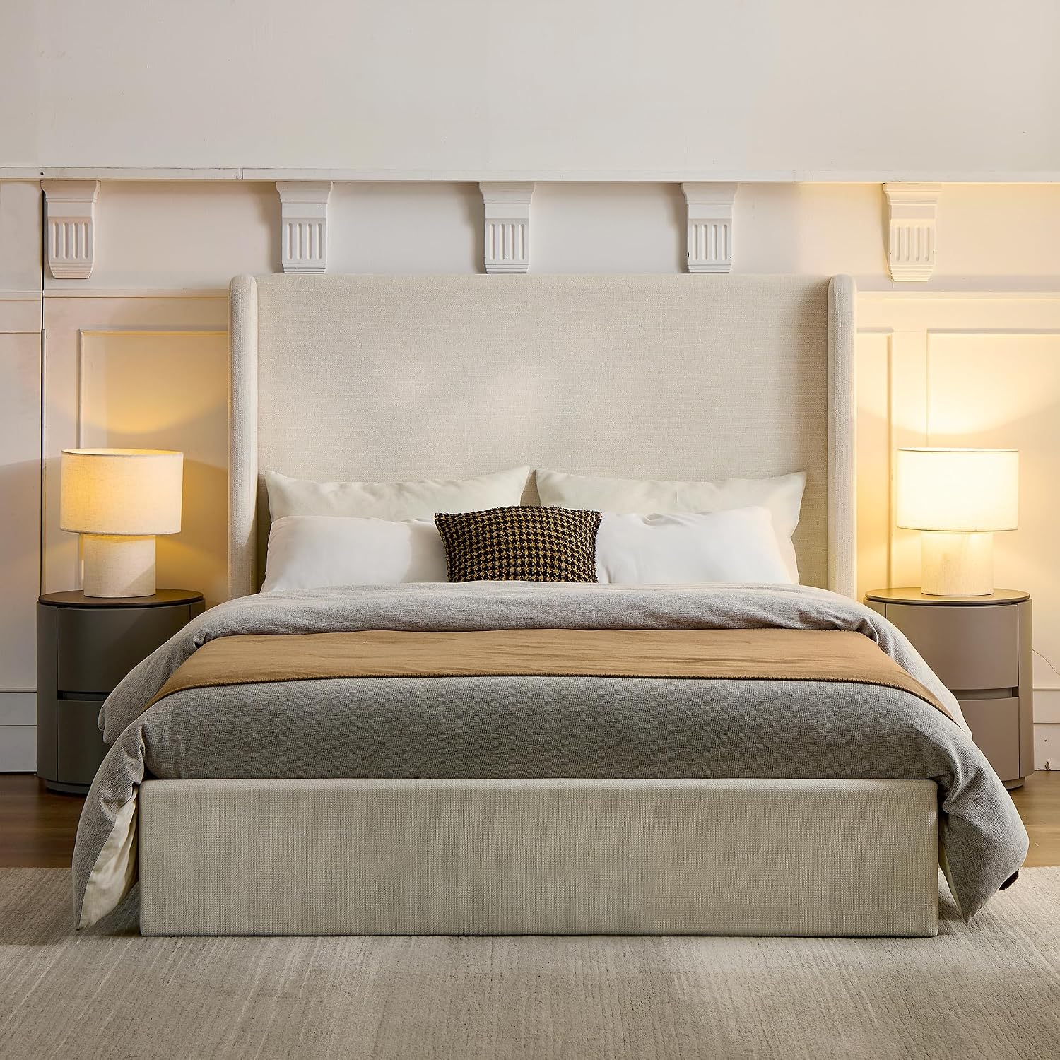 King Size Upholstered Platform Bed Frame, 52.3' High Headboard Carmen Wingback Beds, Tall Headboard King Floor Bed Frames, No Box Spring Needed No Noise, Minimalist, Textured Ivory