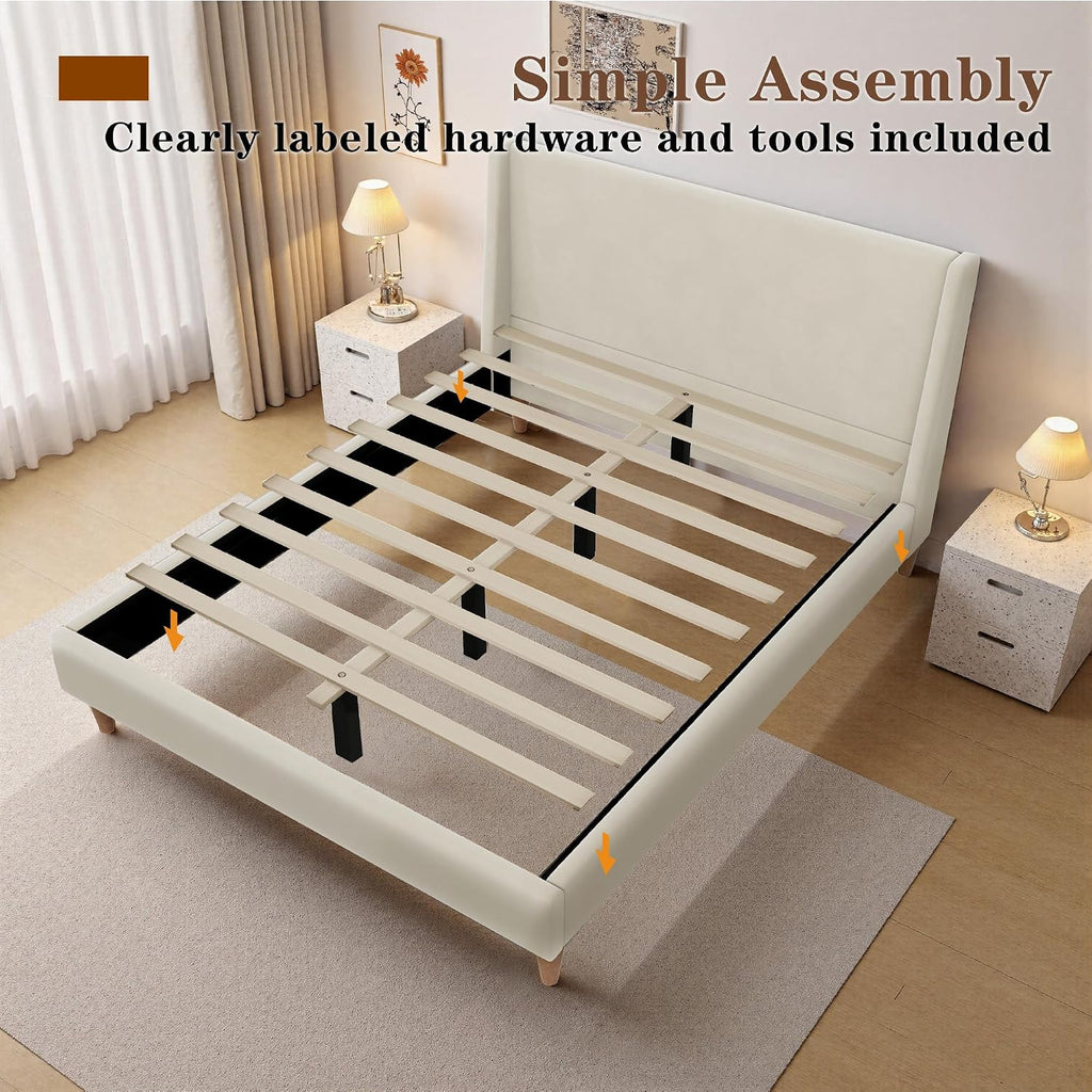 Queen Size Upholstered Platform Bed Frame, Modern Wingback Beds with Tall Headboard, Upholstered Bed Frames with Walnut Wooden Legs, No Box Spring Needed/Easy Assembly, Beige Velvet