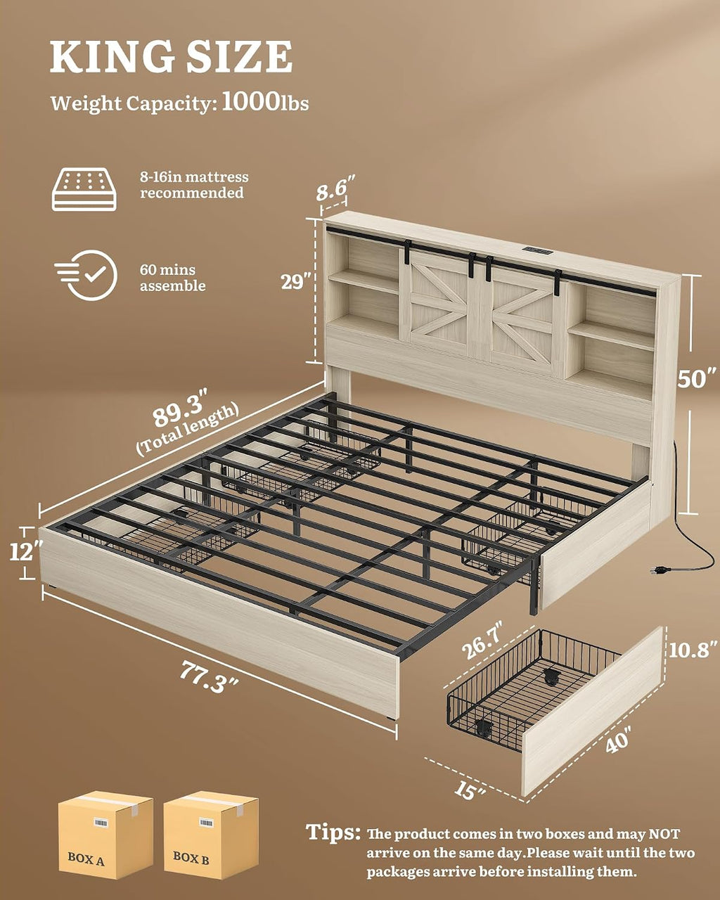 DWVO Farmhouse King Size Bed with 50' Tall Storage Bookcase Headboard, Sliding Barn Door, 4 Storage Drawers, RGB LED Bed Frame w/Type-C&USB Charging Station, No Box Spring Needed, Antique White
