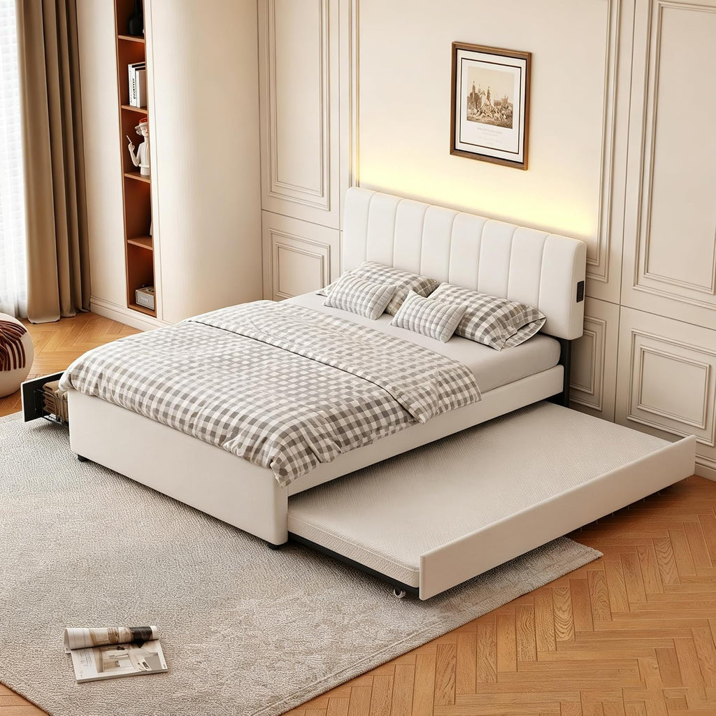 Full Size Upholstered Platform Bed with Trundle,2 Storage Drawers & USB/Type-C Charging,Chenille Fabric Bed Frame with APP-Controlled LED Lights,No Box Spring Needed,800LBS Capacity for Bedroom,Beige