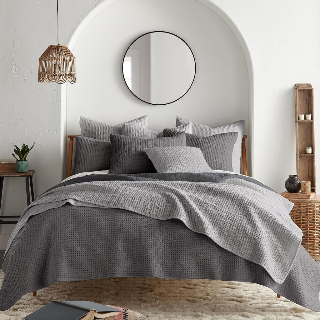 Levtex Home Mills Waffle King/Cal King Quilt Set (106x92in) with 2 Pillow Shams (36x20in) - Charcoal - 100% Cotton King Size Quilt Bedding Set - Lightweight, Soft, Pre-Washed