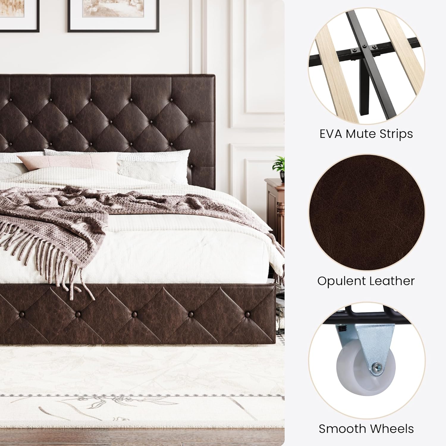 SHA CERLIN Upholstered King Size Platform Bed Frame with 4 Storage Drawers, Adjustable Headboard with Diamond Stitched Button Tufted Design, Wooden Slat Support, No Box Spring Needed, Black Brown