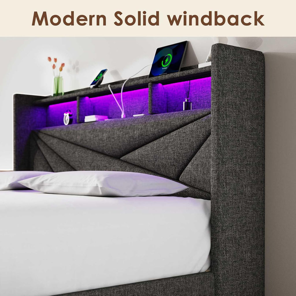Driftalia LED Full Size Bed Frame with 2 Storage Drawers, Upholstered Full Bed Frame with Headboard and Charging Station, No Box Spring Needed, Easy to Assembly-Dark Grey