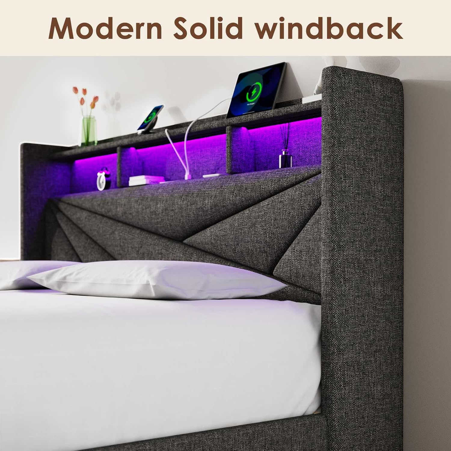 Driftalia LED Full Size Bed Frame with 2 Storage Drawers, Upholstered Full Bed Frame with Headboard and Charging Station, No Box Spring Needed, Easy to Assembly-Dark Grey