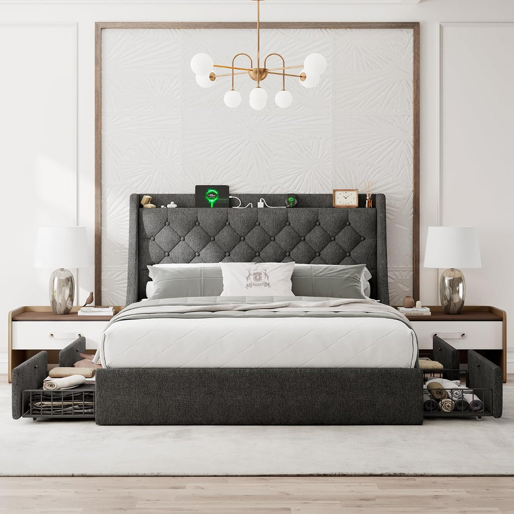Einhomn Full Size Bed Frame with 4 Storage Drawers, Upholstered Bed Frame with Large Wingback Headboard, Charging Station, No Box Spring Needed, Dark Grey