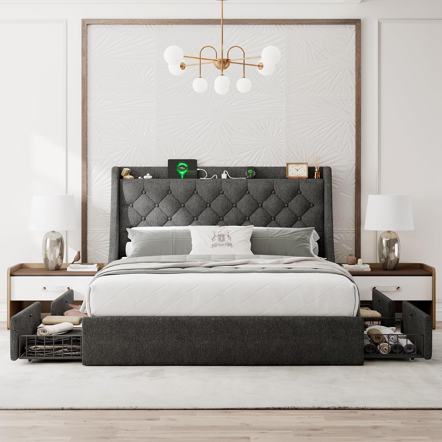 Einhomn Full Size Bed Frame with 4 Storage Drawers, Upholstered Bed Frame with Large Wingback Headboard, Charging Station, No Box Spring Needed, Dark Grey