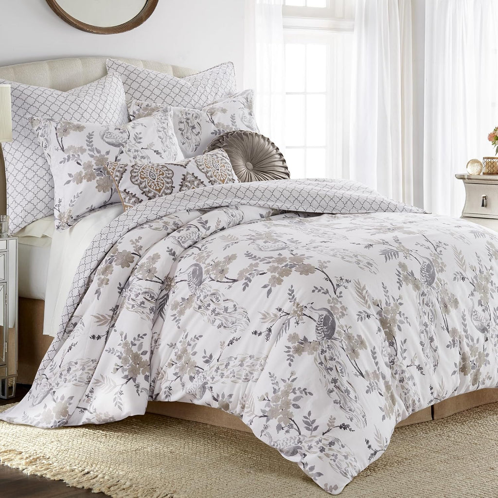 Levtex Home Pisa Reversible King/Cal King Comforter Set (106x94in) with 2 Pillowcases (36x20in) - Floral Peacock - Grey, Taupe - 100% Cotton King Size Comforter Set - Soft, Pre-Washed