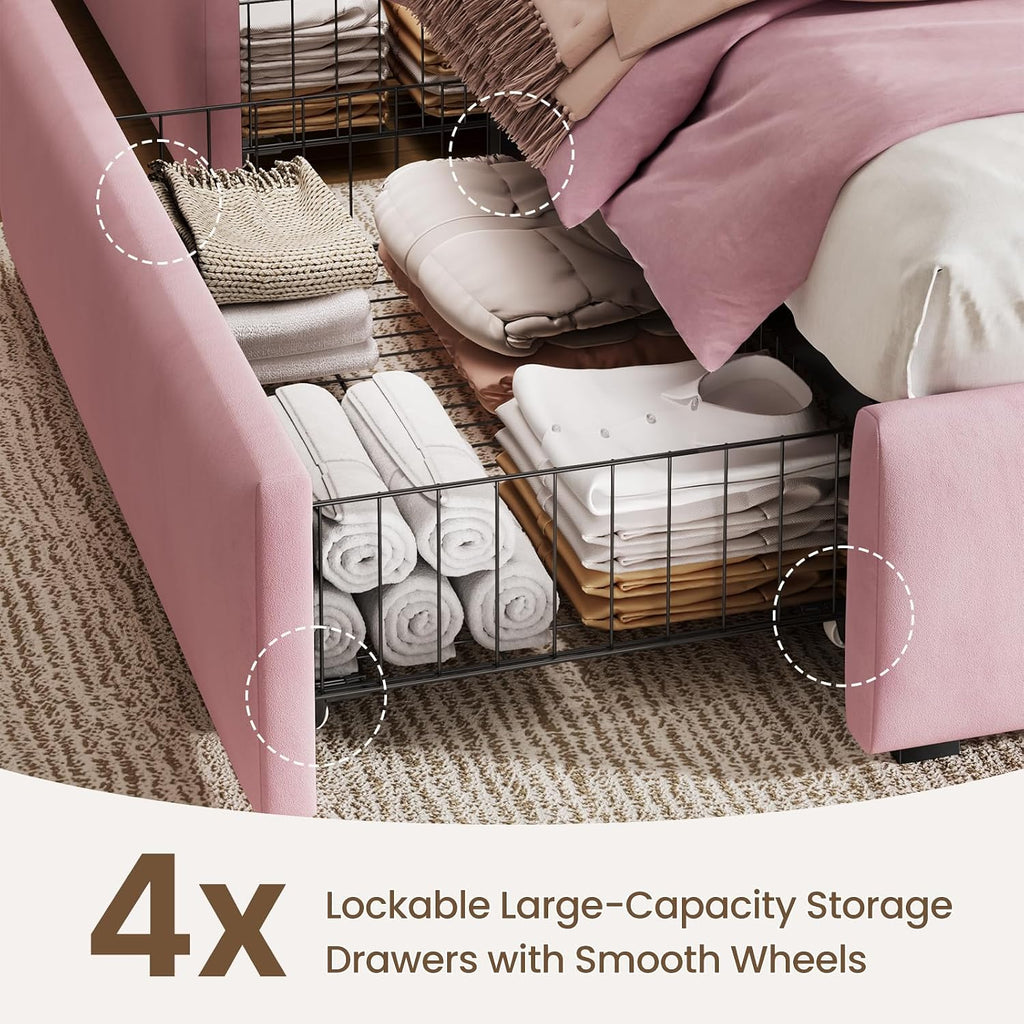 CypBed Queen Size Bed Frame with 4 Storage Drawers & LED Lights, Velvet Upholstered Platform Bed Frame with Charing Station and Adjustable Headboard, Wood Slats Support, No Box Spring Needed, Pink