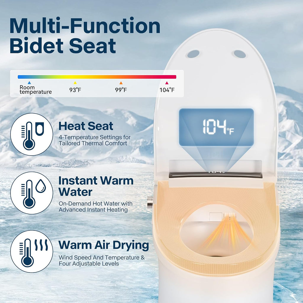 Electric Toilet Seat Elongated with Voice Control, Heated Toilet Seat with Warm Water & Dryer, Radar Sensor Auto Open/Close, LED Temp Display, Electric Bidet Toilet Seat for Bathroom