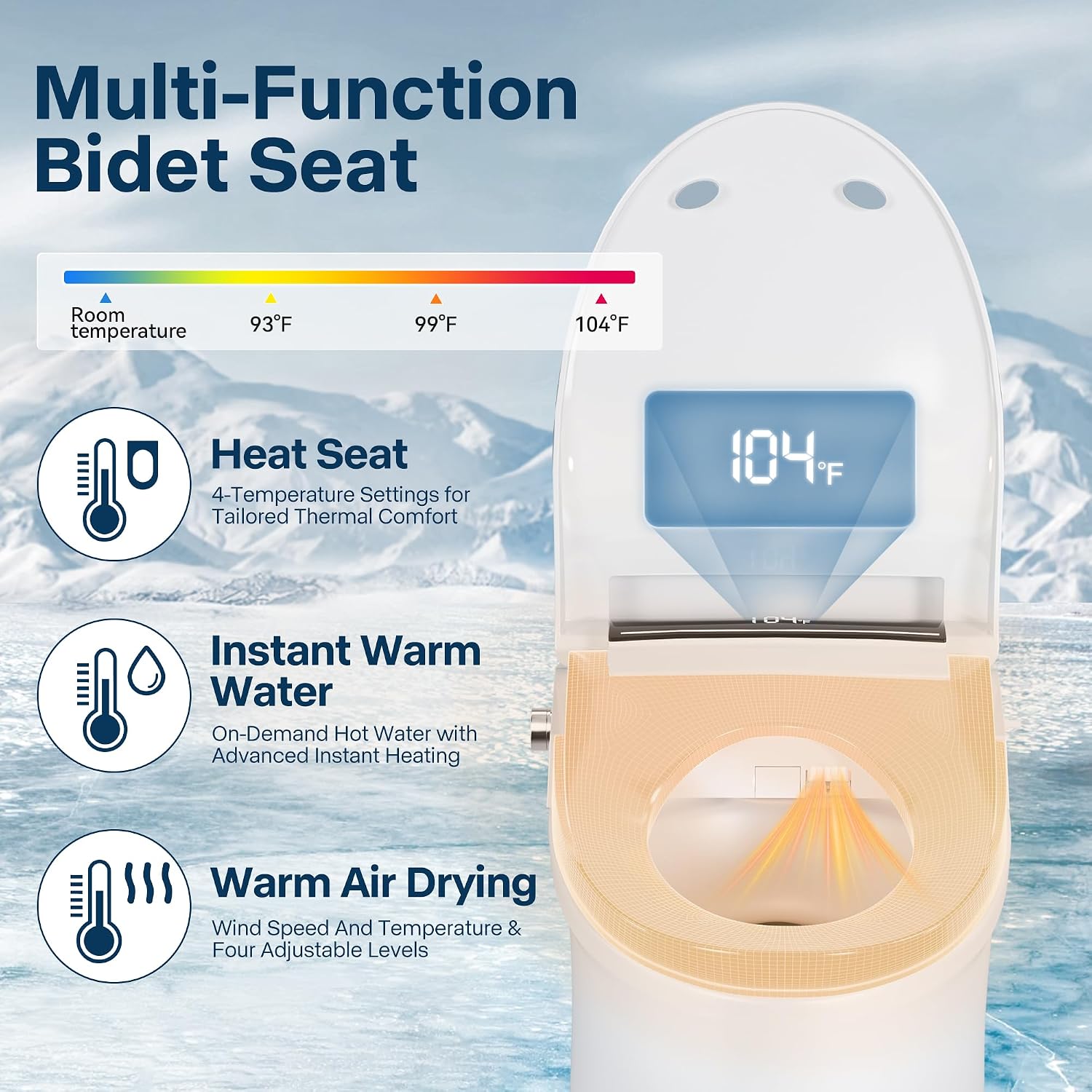 Electric Toilet Seat Elongated with Voice Control, Heated Toilet Seat with Warm Water & Dryer, Radar Sensor Auto Open/Close, LED Temp Display, Electric Bidet Toilet Seat for Bathroom