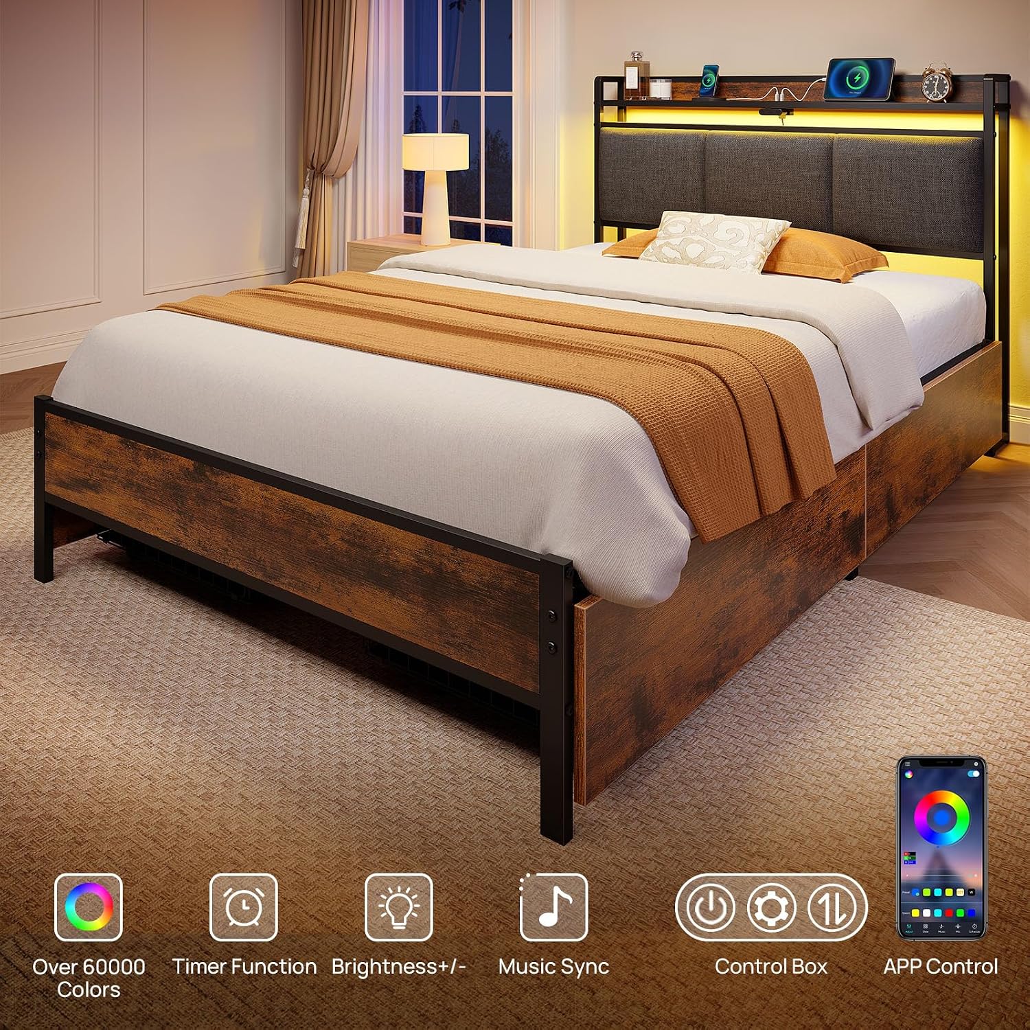 Rolanstar Bed Frame Twin Size with Charging Station and LED Lights, Upholstered Storage Headboard with Drawers, Heavy Duty Metal Slats, No Box Spring Needed, Easy Assembly, Rustic Brown