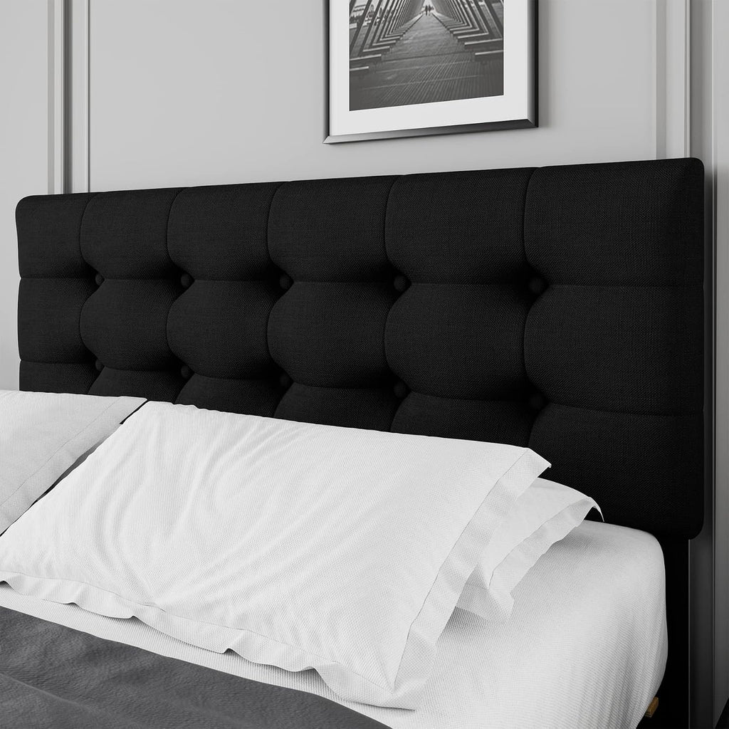 TTVIEW Full Size Bed Frame with 4 Storage Drawers and Adjustable Headboard, Upholstered Platform Bed with Button Tufted Design, Strong Wooden Slats Support, No Box Spring Needed, Black