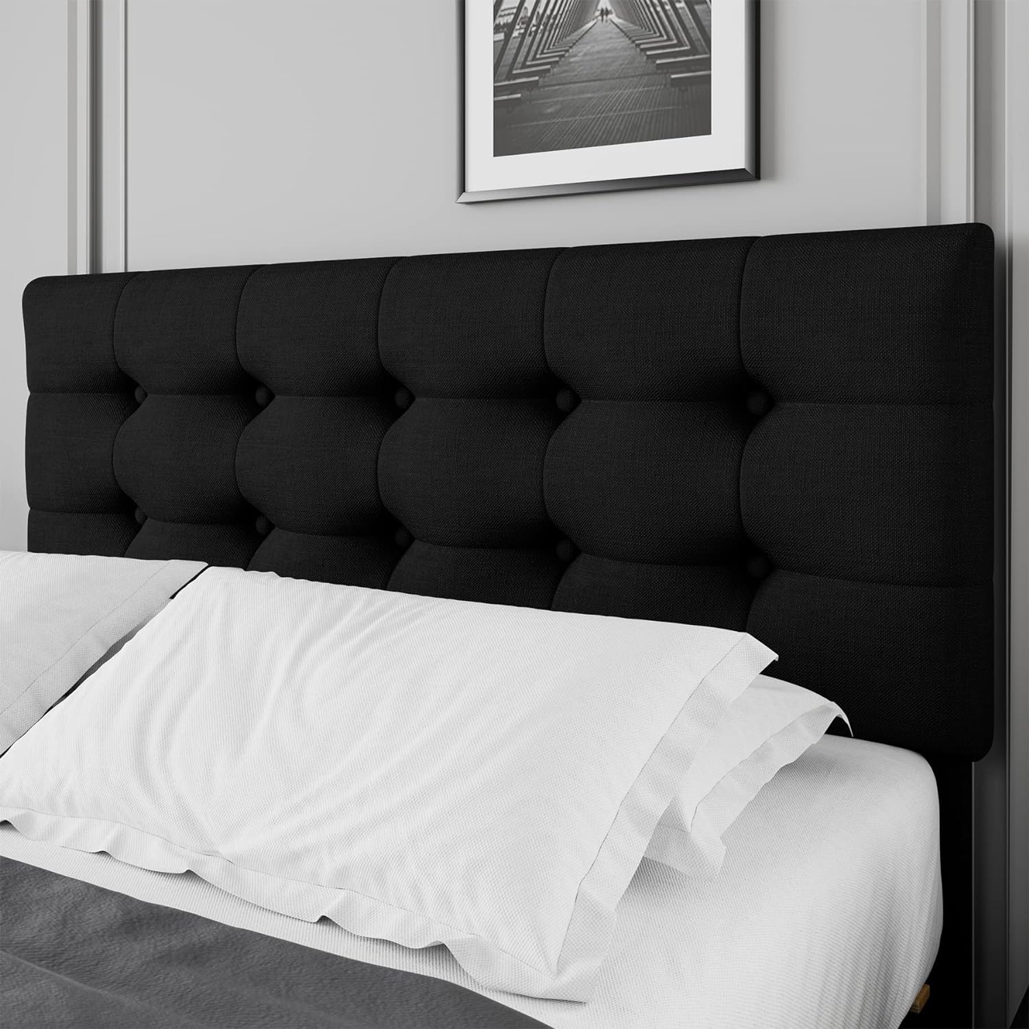 TTVIEW Queen Bed Frame with 4 Storage Drawers and Adjustable Headboard, Upholstered Platform Bed with Button Tufted Design, Strong Wooden Slats Support, No Box Spring Needed, Black