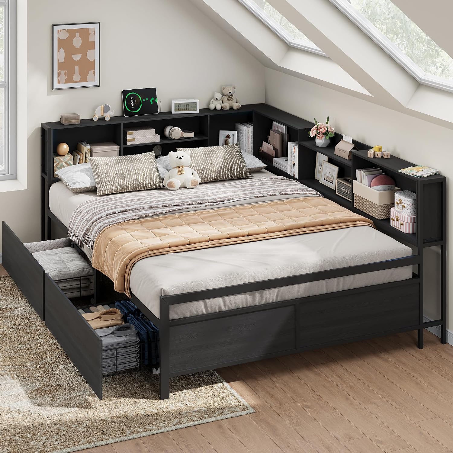 Full Size Corner Bed Frame with 8 Bookcase Headboard & 2 Storage Drawers, Full Metal Platform Bed with Charging Station, Full Daybed for Kids Teens Guests, Black