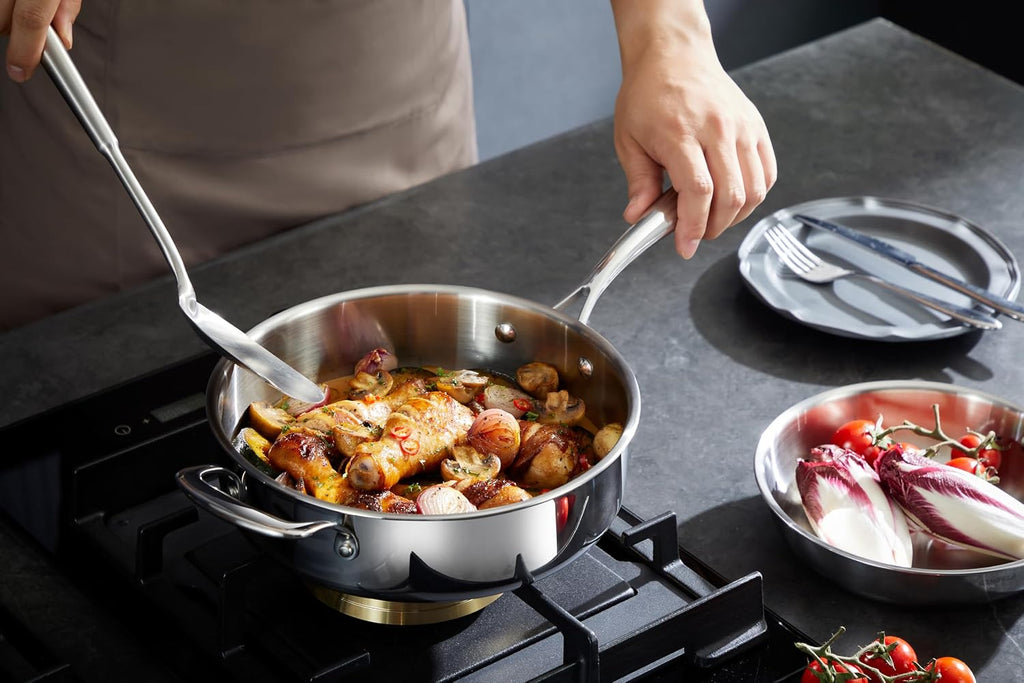 10 Piece Stainless Steel Pot and Pan Set, 5 Ply Clad, Includes Frying Pans, Saucepans, Saute Pan and Stock Pot, Compatible with All Cooktops, PTFE, PFAS and PFOA Free