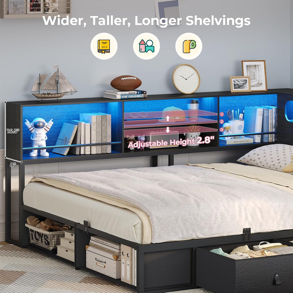 ADORNEVE Corner Bed Frame Full Size with Storage Bookcase & RGB Lights, Power Outlet, Metal Daybed with 3 Drawers & 2 Open Cubbies, for Teens, Small Space, Black