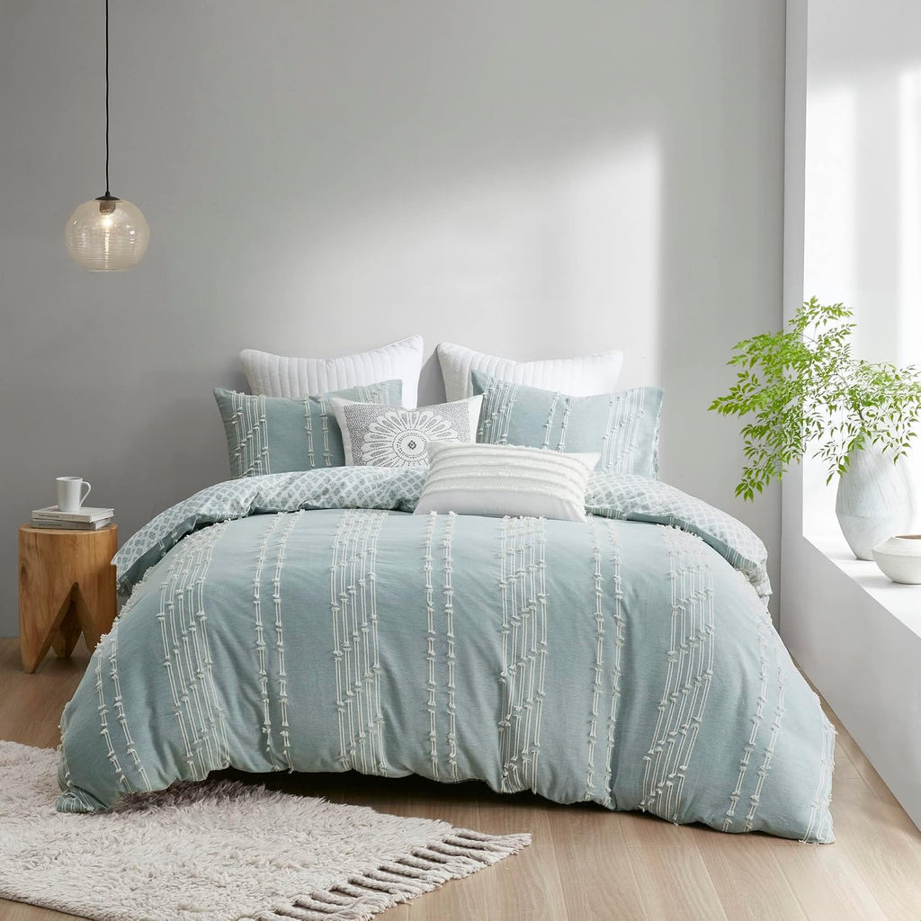 INK+IVY Cotton Duvet Cover Queen Size - 100% Cotton Duvet Cover Set, Boho Bedding Set for All Seasons Farmhouse Bedding Duvet & Sets with 2 Pillowcase, Jacquard Stripes, Aqua 3 Piece Full/Queen