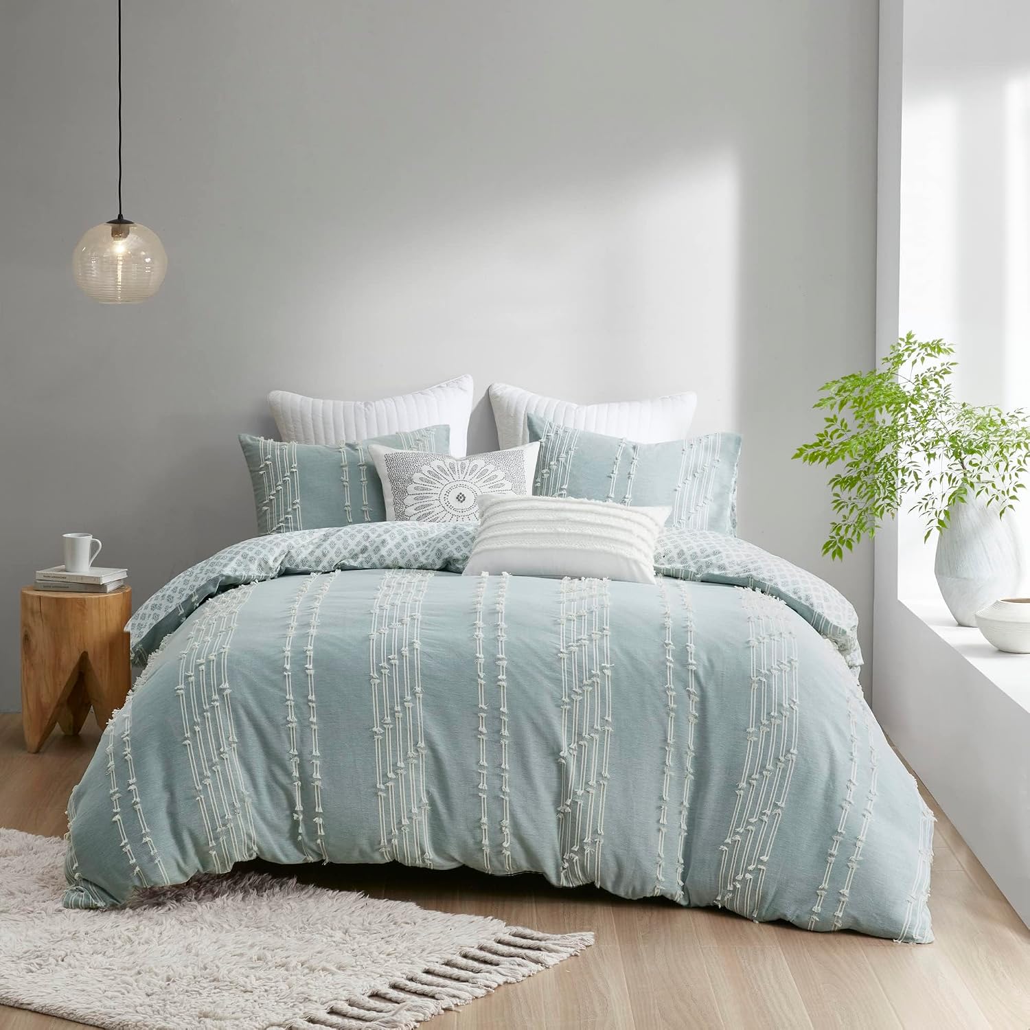INK+IVY Cotton Duvet Cover Queen Size - 100% Cotton Duvet Cover Set, Boho Bedding Set for All Seasons Farmhouse Bedding Duvet & Sets with 2 Pillowcase, Jacquard Stripes, Aqua 3 Piece Full/Queen