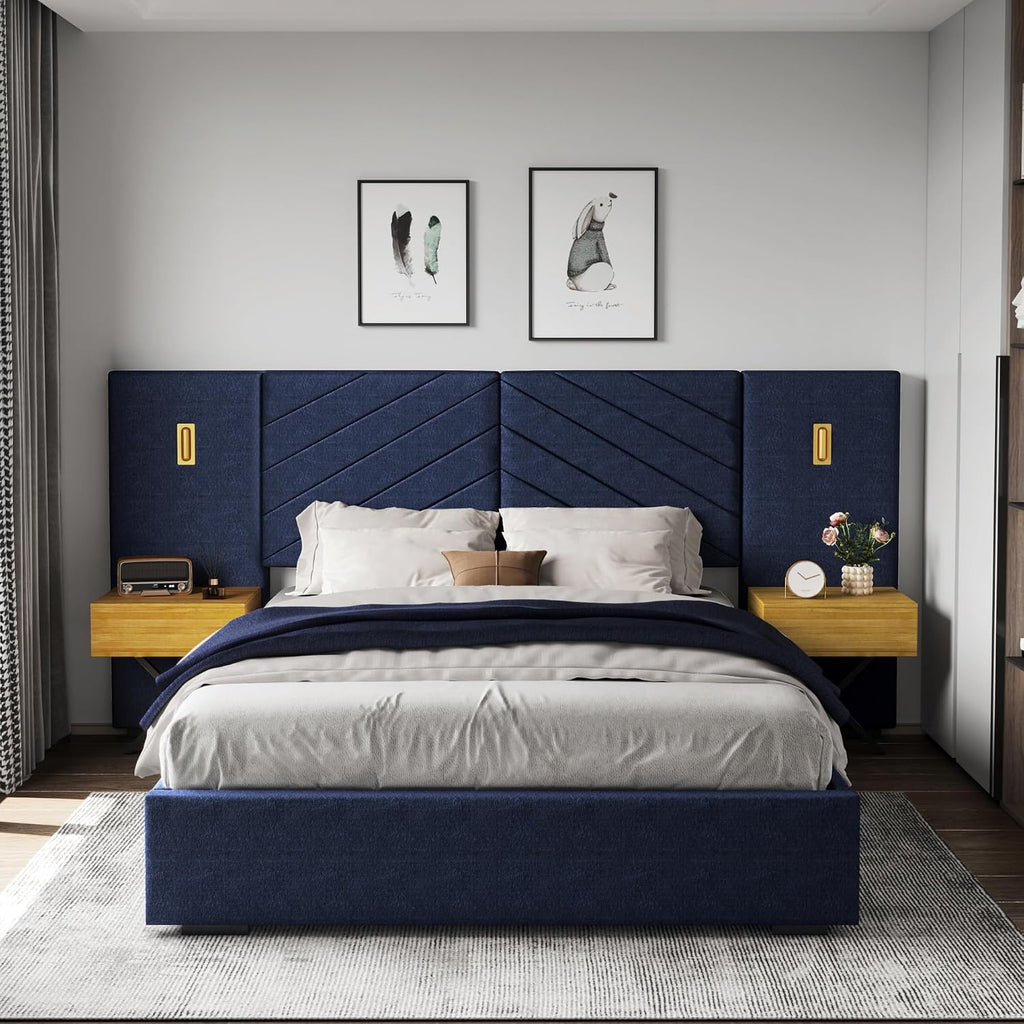 DEINPPA Luxury Bed Frame with Built-in Gold LED Lights and Nightstands, Queen Size Platform Bed with Oversize Upholstered Headboard, No Box Spring Needed-Royal Blue