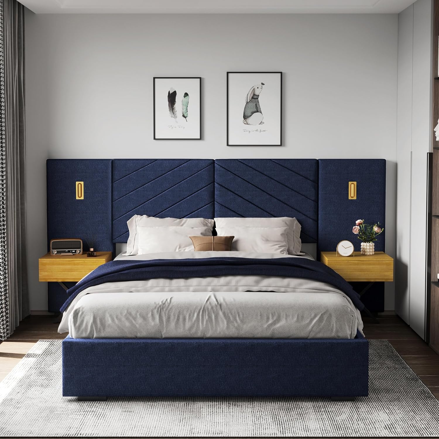 DEINPPA Luxury Bed Frame with Built-in Gold LED Lights and Nightstands, Queen Size Platform Bed with Oversize Upholstered Headboard, No Box Spring Needed-Royal Blue