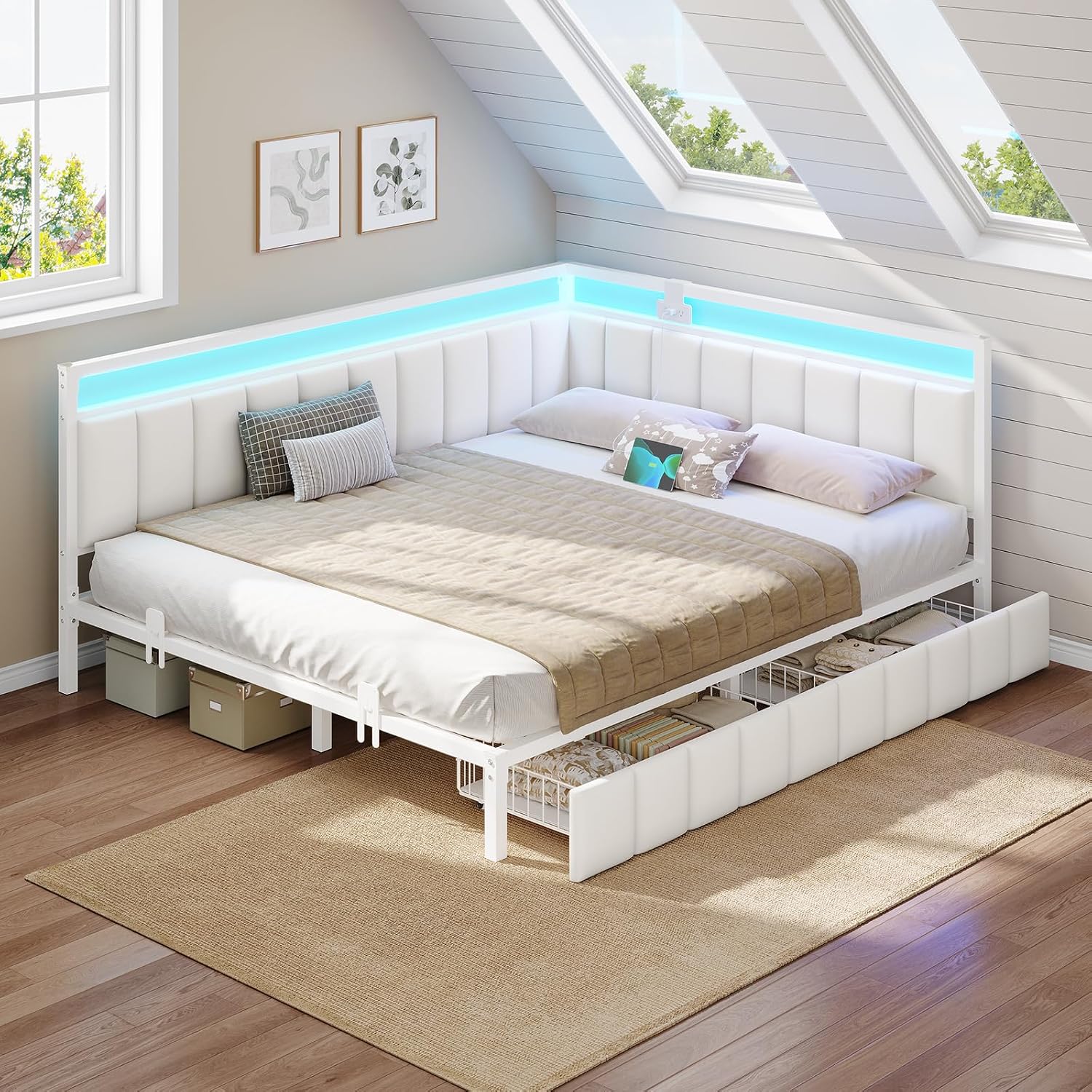 Hasuit Queen Corner Bed Frame with Storage Drawers, Queen Size Daybed with Line Fabric Upholstered Fence, Kids Bed Unit with LED Light and Charging Station, Modern Bed Frame Queenl Size, Beige