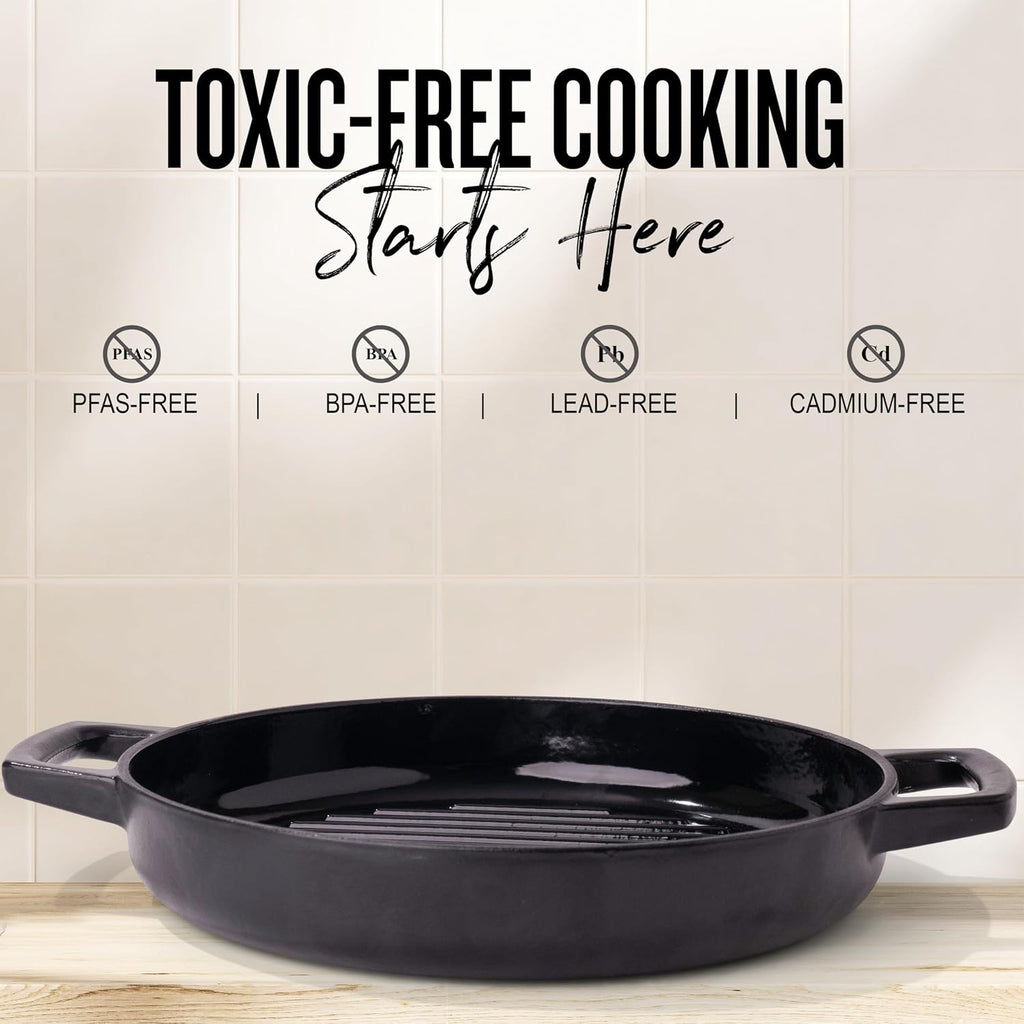 Alva Nori 11″ Enameled Cast Iron Grill Pan | PFAS-Free 3-Layer Enamel | Oven & Induction Safe | No Seasoning Needed | Raised Grill Ridges for Searing & Fat Drainage