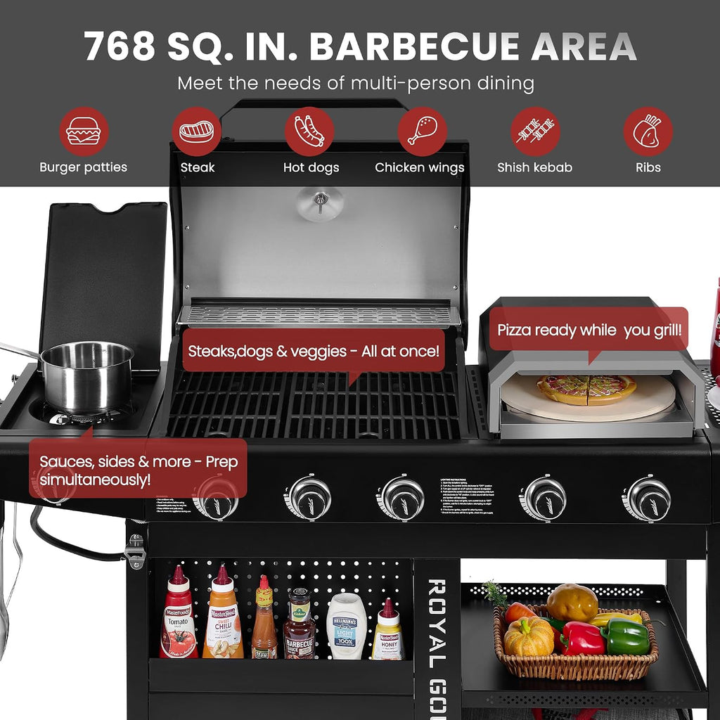 ZH3004H Premium Gas Grill and Pizza Oven Combo with Side Burner, 59,000 BTU, 768 Square Inches of Grilling Area, Automatic Ignition, Perfect for Backyard, Patio and Outdoor Parties, Black