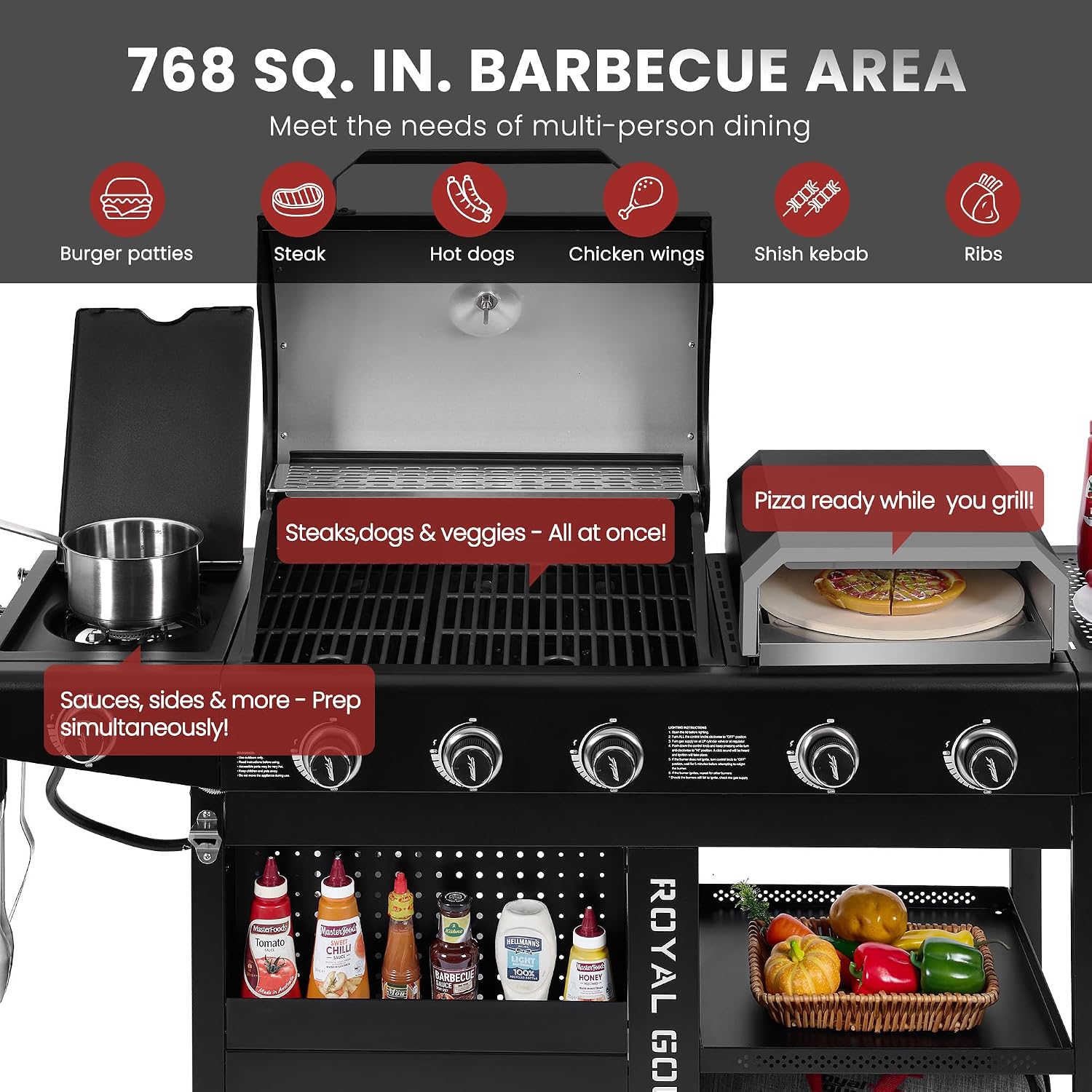 ZH3004H Premium Gas Grill and Pizza Oven Combo with Side Burner, 59,000 BTU, 768 Square Inches of Grilling Area, Automatic Ignition, Perfect for Backyard, Patio and Outdoor Parties, Black