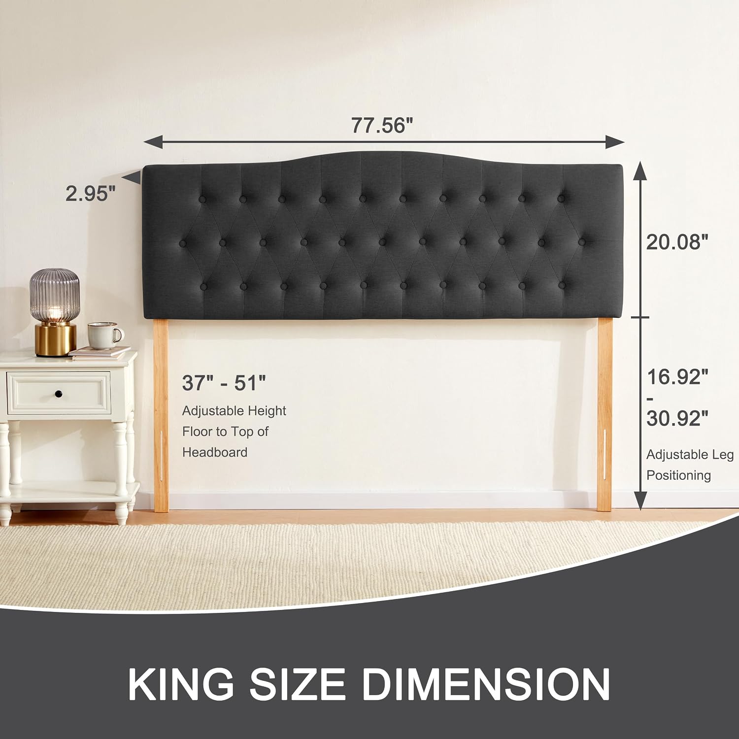 Huatean Home Tufted Upholstered Headboard King Size, Sturdy and Durable Solid Wood Bed headboard, Fabric Headboard Adjustable Height from 37' to 51', Modern Button Diamond Design Head Board, Black