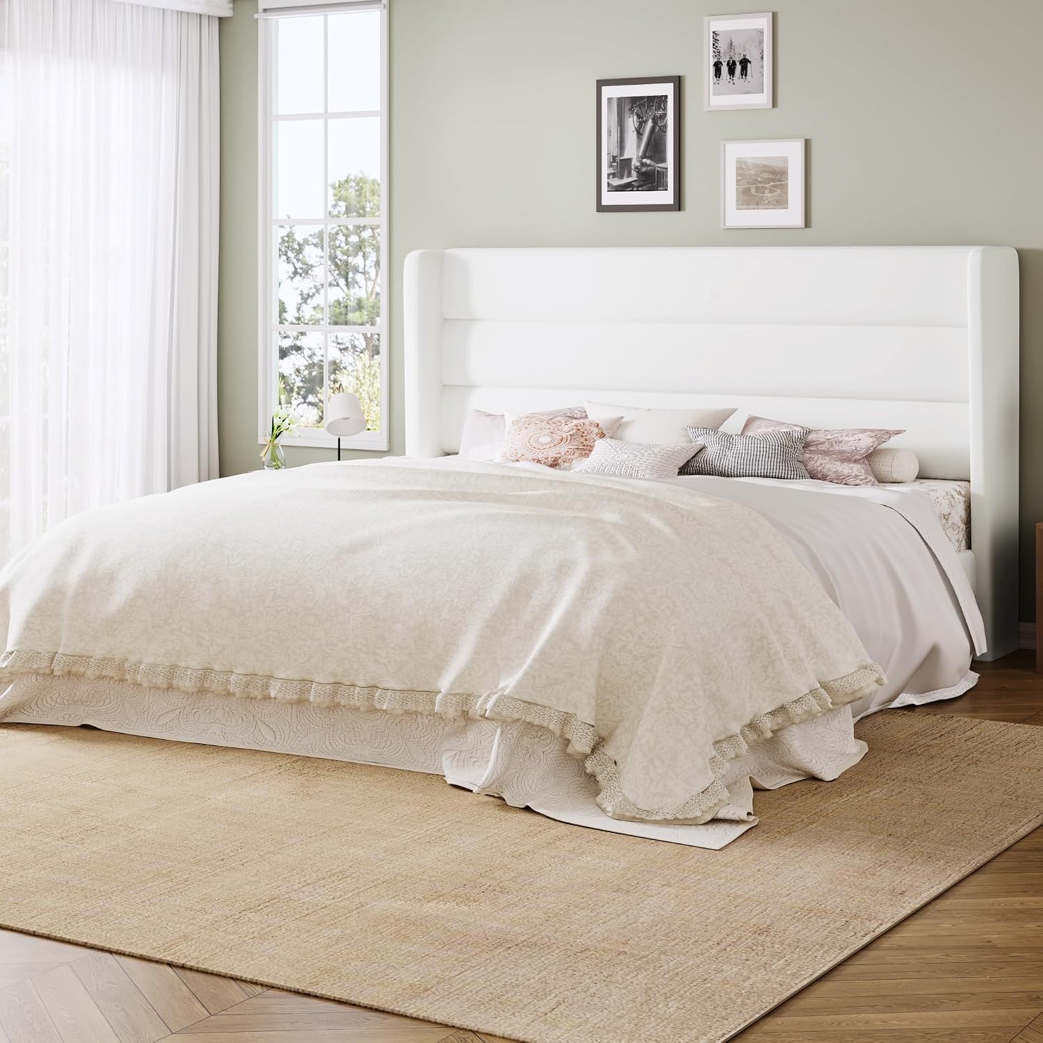 Allewie King Size Platform Bed Frame with Velvet Upholstered Wingback Headboard, No Box Spring Needed, Under Bed Storage Space, Strong Wooden Slats, Modern Mattress Foundation, Easy Assembly, White